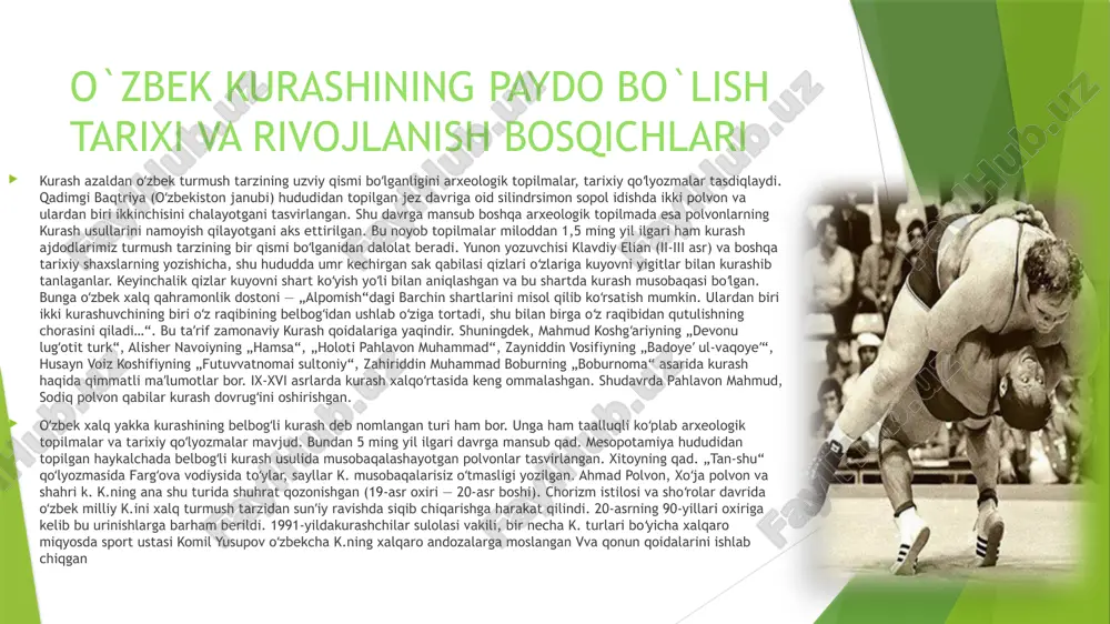 a mamlakatlar chempionatlari hamda birinchshtiklari, oʻzbekistonda attermiziy, pahlavon mahmud xotirasiga bagʻishlangan va boshqa koʻplab xalqaro musobaqalar muntazam oʻtkaziladi. hozirgi vaqtda oʻzbekistonda 22 ta olimpiada oʻrinbosarlari maktabi, 37 ta bolalaroʻsmirlar sport maktabi va 206 ta k. maktabida sportning bu turi boʻyicha oʻquvchilarga tahsil beriladi. oliy oʻquv yurtlarida 100 dan ortiq k. toʻgaraklari faoliyat koʻrsatadi. kurashchilar bilan 851 vafar murabbiy shugʻullanadi (2003). osiyo olimpiya kengashi 2003-yilda k.ning bu turini osiyo oʻyinlari dasturiga kiritdi. k. boʻyicha oʻtkazilidigan jahon chempionatlarida bahrom anazov, isoq axmedov, maxtumquli mahmudov, kamol murodov, toshtemir muhammadiyev, akobir qurbonov (oʻzbekiston), kubashxonim elknur, selim totar oʻgʻli (tur-kiya), aleksandr katsuragi, karlos xonorato (braziliya), pavel melananets (polsha), xiroyoshi kashimoto (yaponiya) va boshqa golib chikdilar va sovrindor boʻldilar. erkin kurash tarixi erkin kurash - (inglizcha: freestyle wrestling, fransuzcha: lutte libre) yakkakurash sport turlaridan biri. ikki sportchining bir nechta sport usullari orqali bajaradigan harakatlari orqali bahslashiladi. yunon-rum kurashidan farqli oʻlaroq bu sport turida sportchini oyoqlaridan ushlab …