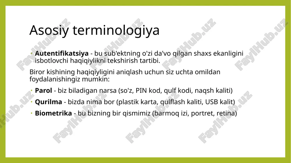parametrlarini ko‘rsatuvchi “www- autentifikatsiya ” sarlavhasini qo‘shadi. http autentifikatsiyasi 2. bunday javobni olgan brauzer avtomatik ravishda foydalanuvchi nomi va parolni kiritish uchun dialog oynasini ko'rsatadi . foydalanuvchi o'z hisob ma'lumotlarini kiritadi. 3. ushbu veb-saytga keyingi barcha so'rovlarda brauzer avtomatik ravishda http “ authorization ” sarlavhasini qo'shadi, bu esa server tomonidan autentifikatsiya qilish uchun foydalanuvchi ma'lumotlarini uzatadi. 4. server ushbu sarlavhadagi ma'lumotlardan foydalangan holda foydalanuvchini autentifikatsiya qiladi. ruxsat berish (avtorizatsiya) to'g'risidagi qaror foydalanuvchining roli, acl yoki boshqa hisob ma'lumotlari asosida alohida qabul qilinadi. http autentifikatsiyasi sxemalar butun jarayon standartlashtirilgan va barcha brauzerlar va veb-serverlar tomonidan yaxshi qo'llab-quvvatlanadi. xavfsizlik darajasida farq qiluvchi bir nechta autentifikatsiya sxemalari mavjud : basic eng oddiy sxema bo'lib, unda foydalanuvchi nomi va paroli avtorizatsiya sarlavhasida shifrlanmagan shaklda uzatiladi (base64-kodlangan). biroq, https (ssl orqali http) protokolidan foydalanilganda , u nisbatan xavfsizdir. http autentifikatsiyasi sxemalar http autentifikatsiyasi sxemalar digest - chaqiriq - javob - server noyob nonce qiymatini yuboradigan …