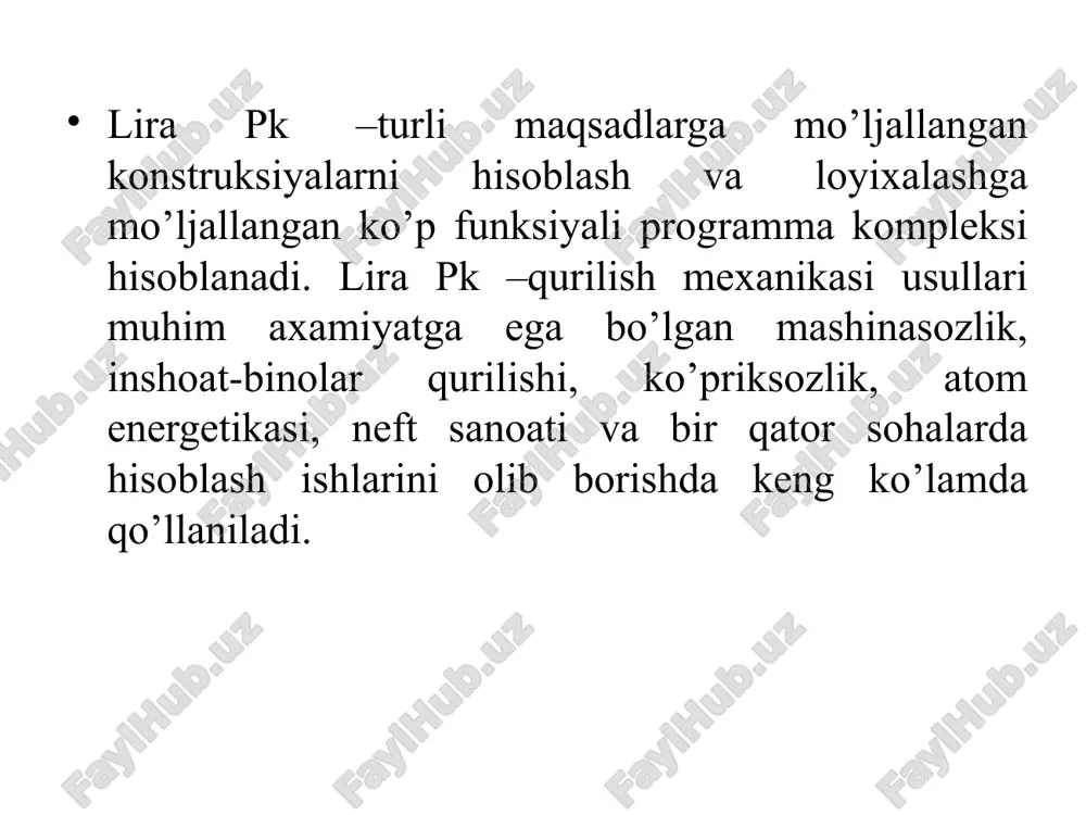 rjen elementlarining zo‘riqish va kuchlanishlar hisoblanadigan kesimlari sonini ko‘rsatish (o‘z xolicha qoldirilganda ikkita kesim- sterjen boshida va oxirida) uchun xizmat qiladi. superuzli (supertugunlar) menyu bandiga superelementlarning asosiy sxemaga ulanishiga yordam beradigan tugunlarni tayinlash operatsiyasini bajaruvchi buyruqlar joylashtirilgan. jetkosti bu menyu bandi tarkibi hisob sxemasi elementlariga qabul qilingan element tiplari uchun talab qilinadigan bikrlik xarakteristikalarini kiritish imkoniyatini beruvchi buyruqlardan iborat. jestkosti elementov (elementlar bikrliklari) buyrug‘i bikrlik xarakteristikalari bibliotekasidan talab qilingan bikrlik tiplarini (ko‘rsatkichlarini) tanlash va ularni sxemaning chekli elementlariga tayinlash uchun mo‘ljallangan. lira-ks (kesim konstruktori) buyrug‘i konstruksiya elementlarining nostandart kesimlarini shakllantirish va ularning bikrlik xarakteristikalarini hisoblash maqsadida amalga oshirilgan. konstruktor tonkostennix secheniy (lir-kts) (yupqa devorli kesimlar konstruktori) buyrug‘i lir-kts – konstruksiyaning nostandart yupqa devorli kesimlari geometriyasini shakllantiruvchi va ularning bikrlik xarakteristikalarini hisoblovchi sistemani chaqirish uchun xizmat qiladi. uchinchi guruhdagi jestkiye vstavki (bikr kiritmalar) buyrug‘i, elementlarning hisob sxemasi tugunlariga mahkamlanishini to‘g‘ri modellashtirish uchun zarur bo‘ladigan sterjen elementlari uchlaridagi absolyut bikr qisimlarni kiritish …