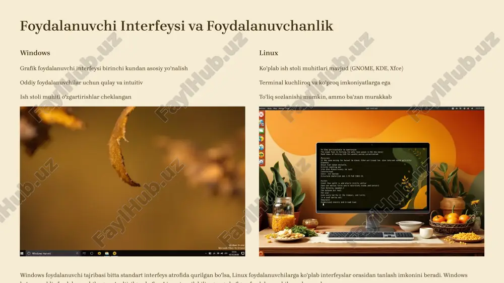 vchining ehtiyojlari va maqsadlariga bog'liq. linux barqarorlik, moslashuvchanlik va xavfsizlik ustuvorligi bilan ajralib turadi, windows esa foydalanuvchanlik va dastur tanlovi bilan. ko'pgina tashkilotlar esa gibrid yechimni tanlashadi - serverlar uchun linux, ish stoli kompyuterlari uchun windows. bu ikki tizimning eng yaxshi xususiyatlaridan foydalanish imkonini beradi. 10 image1.png image2.png image3.png image4.png image5.png image6.png image7.png image8.png image9.png image10.png image11.png image12.png image13.png image14.png image15.png image16.png image17.png image18.png image19.png image20.png image28.png image21.png image22.png image23.png image24.png image25.png image26.png image27.png image29.png image30.png image31.png image32.png image33.png
