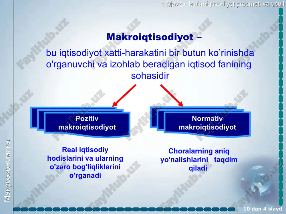 makroiqtisodiyot predmeti va usuli 10 dan * slayd makroiqtisodiy model endogen miqdorlar ekzogen miqdorlar ish bilan bandlik darajasi; ishlab chiqarish darajasi ; inflatsiya; foiz stavkasi; valuta kursi davlat xarajatlarining o’zgarishi; soliqlar o’zgarishi; pul massasining o’zgarishi makroekonomika 1 mavzu. makroiqtisodiyot predmeti va usuli 10 dan * slayd iqtisodiyotdagi aylanma oqimlarning bazis modeli firmalarning xarajatlari uy xo'jaliklarning daromadlari resurslar resurslar tovar va xizmatlar tovar va xizmatlar firmalar daromadlari uy xo'jaliklarning iste’mol xarajatlari firmalar uy xo'jaliklari ishlab chiqarish omillarining (resurslar) bozori tovar va xizmatlar bozori makroekonomika 1 mavzu. makroiqtisodiyot predmeti va usuli 10 dan * slayd tashqi dunyo resurslar bozori moliya bozori uy xo'jaliklari firmalar tovar va xizmatlar bozori davlat makroekonomika 1 mavzu. makroiqtisodiyot predmeti va usuli 10 dan * slayd inyeksiyalar bu ichki ishlab chiqarilgan mahsulotlarni iste’moli uchun qilinadigan har qanday qo’shimchasidir. bularga investitsiyalar, davlat xaragatlari va eksport kiradi. zahiralar faqatgina muayyan bir vaqt oralig’ida o’lchanishi mumkin va obyektning ma’lum sanadagi (yilning …