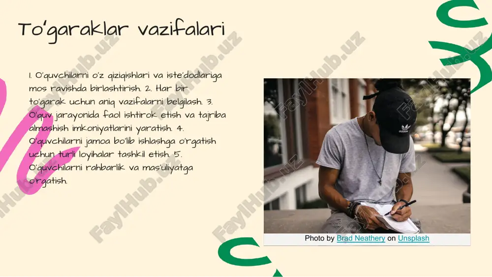 a oshirish. 3. **kutilayotgan natijalar:** talabalarning ijtimoiy ko'nikmalarini oshirish va jamoa ruhini rivojlantirish. 4. **ishtirok etish strategiyalari:** talabalarni tadbirlarga jalb etish uchun targ'ibot va reklama tadbirlari. 5. **zarur resurslar:** tashkilot, vaqt va moddiy resurslar. 6. **qo'llab-quvvatlash tizimlari:** o'qituvchilar va ota-onalarning ishtirokini ta'minlash. 7. **moliya resurslari:** faoliyatlarni moliyalashtirish uchun grantlar va homiylik imkoniyatlari. e'tiboringiz uchun rahmat! designed by slides carnival image1.png image2.png image3.png image4.png image5.png image6.png image7.png image8.png image9.png image10.png image11.png image19.jpg image12.png image13.png image15.png image18.png