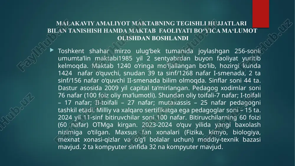 miz” so‘rovnomasini)dan lavha bizning sinfimiz metodikasini oʻtkazishdan maqsad – oʻquvchilarning bilim olish jarayonini samarali va tizimli tashkil etish, ularning intellektual rivojlanishini qoʻllab-quvvatlash va ijtimoiy-ahloqiy fazilatlarini shakllantirishdan iborat. bu maqsadga erishish uchun metodika quyidagi vazifalarni bajaradi: taʼlim sifatini oshirish – zamonaviy pedagogik texnologiyalardan foydalangan holda, oʻquvchilarning darsni puxta oʻzlashtirishini taʼminlash. ijodiy va tanqidiy fikrlashni rivojlantirish – mustaqil xulosa chiqarish va muammolarni hal qilish koʻnikmalarini shakllantirish. ijtimoiy kompetensiyalarni kuchaytirish – jamoada ishlash, kommunikatsiya va hamkorlik koʻnikmalarini oshirish. oʻquv jarayonini individuallashtirish – har bir oʻquvchining qobiliyati va qiziqishlarini hisobga olish. fanlararo aloqalarni mustahkamlash – turli fanlar oʻrtasida bogʻliqlik yaratish orqali bilimlarni tizimlashtirish. bu metodika orqali oʻquvchilar nafaqat nazariy bilimlarga, balki amaliy koʻnikmalarga ham ega boʻladilar, bu esa ularning kelajakdagi muvaffaqiyatiga xizmat qiladi. "xavotirlanish darajasini aniqlash" metodikasini o'tkazishdan maqsad – insonning ichki tashvish va xavotir darajasini aniqlash, uning ruhiy holatini baholash va zarurat tug‘ilganda psixologik yordam ko‘rsatishdir. bu metodika quyidagi maqsadlarni o‘z ichiga oladi: …