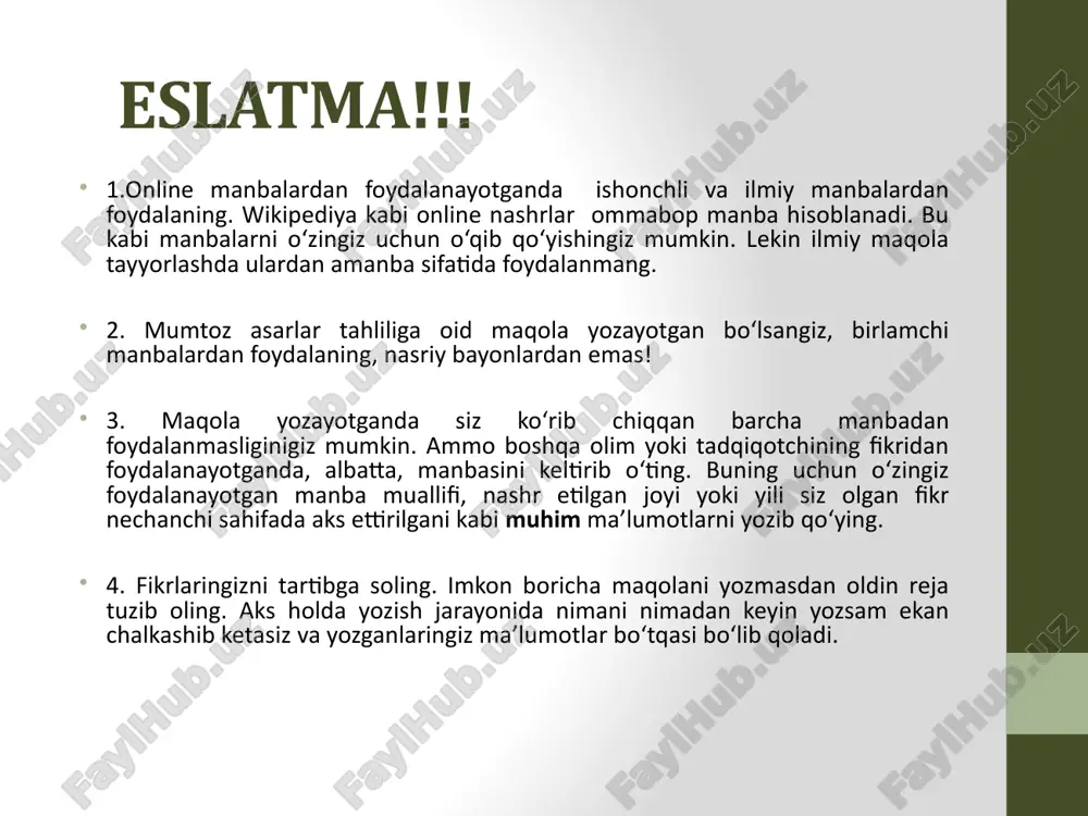 bo‘lsa vergul bilan ajratiladi va quyidagicha beriladi: najimova d.d., rustamova r.p. (2022). apa havola berish tartibi (2-nashr.). toshkent, o‘zbekiston: sharq najimova d.d., rustamova r.p. va karimova a.n. (2022). apa havola berish tartibi (2-nashr.). toshkent, o‘zbekiston: sharq najimova d.d. va boshq. apa havola berish tartibi (2-nashr.). toshkent, o‘zbekiston: sharq agar nashr boshqa odam tomonidan tayyorlangan bo‘lsa quyidagicha beriladi: firdavsiy a. nashrga tayyorlovchi: shomuhammedov sh. (1995). shohnoma (3-nashr.). toshkent, o‘zbekiston:sharq agar kitob turli xil mualliflarni o‘z ichiga olgan bo‘lsa va biz aynan bir odamning maqolasidan foydalansak quyidagicha beriladi: bunda n. karimov biz olgan maqola muallifi, kitobga mas’ul muharrir esa mahmud sa’diy karimov n. (1999). xx asr adabiyotining taraqqiyot tendensiyalari. nashrga tayyorlovchi: sa’diy m. (1999). xx asr o‘zbek adabiyoti tarixi toshkent, o‘zbekiston:o‘qituvchi elektron manbalardan havola berish tartibi najimova d. (2022). havola berish tartibi. https://www.mendeley.com/reference-management/reference-manager dan olindi ilmiy jurnaldan havola berish tartibi mitchell, j.a. (2017). citation: why is it so important. mendeley journal, 67(2), …