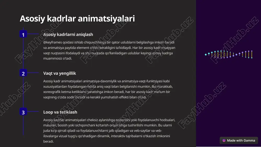 sh foydalanuvchilarga harakatni oʻchirish yoki kamaytirish imkoniyatlarini taqdim eting, chunki baʼzi odamlar harakat kasalligi yoki boshqa foydalanish imkoniyati bilan bogʻliq muammolarga duch kelishi mumkin. animatsiyalaringiz ekranni o'qish dasturlari yoki boshqa yordamchi texnologiyalarga xalaqit bermasligiga ishonch hosil qiling. muvofiqlik va uyg'unlik birlashgan foydalanuvchi tajribasini yaratish uchun veb-saytingiz yoki ilovangiz bo'ylab izchil animatsiya uslubini ishlab chiqing. animatsiyalaringiz umumiy interfeysning uzviy qismi kabi his etilishini ta'minlash uchun shunga o'xshash vaqt, yengillik va vizual dizayn tamoyillaridan foydalaning. progressiv takomillashtirish foydalanuvchining brauzeri css animatsiyalarini qo‘llab-quvvatlamasa ham asosiy funksionallik va kontentga kirish mumkin bo‘lishini ta’minlab, animatsiyalaringizni bosqichma-bosqich yaxshilashni hisobga olgan holda yarating. xususiyatlarni aniqlashdan foydalaning va kerak bo'lganda zaxiralarni taqdim eting. 7 xulosa va manbalar asosiy xulosalar css animatsiyalari foydalanuvchi interfeyslarini yaxshilash va dinamik, qiziqarli tajribalarni yaratish uchun kuchli vositadir. vaqt, transformatsiya va kalit kadrlar asoslarini o‘zlashtirib, ishlab chiquvchilar ijodiy ifoda va interaktivlik dunyosini ochishlari mumkin. davomli o'rganish css animatsiyalari dunyosini batafsil o'rganish uchun mdn web …