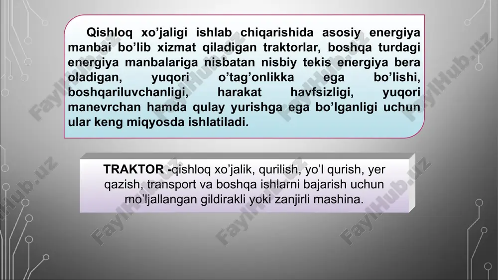 qarab: passajir avtomobillar yuk tashuvchi avtomobillar maxsus avtomobillar passajir avtomobillari engil bir necha passajirlar tashishga mo’ljallangan avtobuslar passajirlar gruppasini tashishga mo’ljallangan avtobuslar passajirlarni yaqin masofaga tashish mo’ljallangan shahar avtobuslari uzoq masofaga mo’ljallangan shaharlararo qatnov avtobuslari passajirlarni yaqin masofaga tashish mo’ljallangan shahar avtobuslari traktorlarni asosiy qismlari dvigatel kuch uzatmasi transmissiya yurish qismi boshqarish mexanizmlari ishchi va yordamchi jihozlari avtomobillarni asosiy qismlari dvigatel shassi kuzov 1-dvigatel;, 2-tishlashish muftasi;3-uzatmalar qutisi; 4-asosiy uzatma; 5-differentsial; 6-oxirgi uzatma; 7,8-osma va tirkama moslamasi; 9-etakchi g’ildirak; 10-boshqariluvchi g’ildirak; 11-oldingi ko’pirik. g’ildirakli traktorni umumiy ko’rinishi (a) va asosiy qismlarini joylashishi (b) zanjirli traktorni umumiy ko’rinishi (a) va asosiy qismlarini joylashishi (b) 1-dvigatel;, 2-tishlashish muftasi;3-uzatmalar qutisi; 4-asosiy uzatma; 5-oxirgi uzatma; 6,7-osma va tirkama moslamasi; 8-etakchi yulduzcha; 9-boshqariluvchi g’ildirak; 10-planetar burish mexanizmi; 11-oraliq birikma; 12-zanjir; 13-katoklar. yuk avtomobilini umumiy ko’rinishi va asosiy qismlari a-avtomobilni umumiy ko’rinishi; b-dvigatel;, v-kuzov; g-kuch uzatmasi; d-tormoz tizimi; ye-boshqarish mexanizmi; j-yurish qismi. traktorlarga qo’yiladigan asosiy talablar spetsifik …