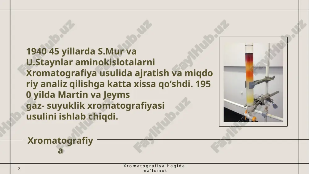 anuvchi faza sifatida gazlar yoki statsionar faza bilan aralashmaydigan suyuqlik ishlatiladi. xromatografiyaning gaz-suyuqlik, suyuqlik-suyuqlik kabi zamonaviy turlari ajratish taqsimoti tamoyiliga asoslanadi. 12 zagolovok prezentatsii 20gg cho'kma xromatografiyasi. eruvchanlik farqiga mos keladigan aralashmadagi ionlar tomonidan hosil bo'lgan cho'kmalarning aralashmasiga asoslangan. laboratoriyada qog'ozda cho'kma xromatografiyasi amalga oshiriladi. 13 zagolovok prezentatsii 20gg 4) pik xromatografiyasi qog'ozda o'tkaziladigan cho'kma xromatografiyasining bir turi bo'lib, unda harakatlanuvchi (eluent) fazaning vertikal yo'nalishda harakatlanishi natijasida aniqlanganlar soniga qarab qog'ozda to'q rangli nuqta hosil bo'ladi. ionlari. masalan: cho’ktiruvchi – filtr qog’ozi dimetilglioksimga namlangan va quritilgan – ni2+ eritmasidan boshlang’ich chiziqqa tomiziladi va petri idishidagi suvga vertikal ravishda tushiriladi.agar elyuent (suv) ning yuqoriga harakatlanishi tufayli ni2+ ionlari qog'ozning yangi shoxlariga o'ting, keyin tepalik qizil bo'ladi. dog'ni hosil qiluvchi dog'ning sirt maydoni tomchidagi ni2+ ionlarining miqdoriga bog'liq. 14 zagolovok prezentatsii 20gg 5) gel xromatografiyasi - aralashmaning molekulalarini o'lchamlari bo'yicha ajratishga asoslangan. qopqoqli (jelatin) jel bilan to'ldirilgan ustun orqali kichik umb molekulalari …