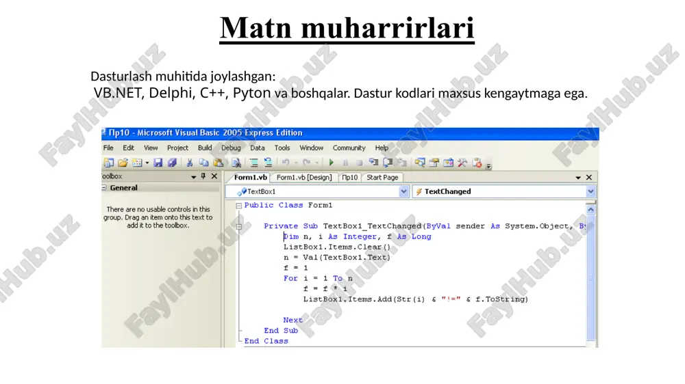 tugmasini bosamiz! yangi lug’at qo’shish imkoniyati faollashtirish: faylparametripravopisanie nastraivaemie slovari… usuli: «dobavit» tugmasini bosamiz, kerakli lug’at faylini tanlaymiz «otkrit» tugmasini bosamiz! faylni saqlash parametrlari orfografiyani tekshirish imkoniyati qidirish va almashtirish imkoniyati ba’zi kerakli tezkor tugmalar ctrl+(ctrl+) - bir so’z o’ngga (chapga) harakat ctrl+↑(ctrl+↓) - bir abzats yuqoriga (pastga) harakat home (end) – satr boshiga(oxiriga) harakat ctrl+home (ctrl+end) – hujjat boshiga(oxiriga) harakat ctrl+h – almashtirish oynasini ochish ctrl+a – hujjatni to’liq belgilash ctrl+d – shrift oynasini ochish ctrl+p – chop qilish (pechat) oynasini ochish alt+shift+d (t) – hujjatga joriy sana (vaqt)ni kiritish etizboringiz uchun rahmat! image1.png image2.png image3.png image4.png image5.png image6.jpeg image7.jpeg image8.png image9.png image10.png image11.png image12.png image13.png image14.png image15.png image16.png image17.png image18.png image19.png image20.png /docprops/thumbnail.jpeg