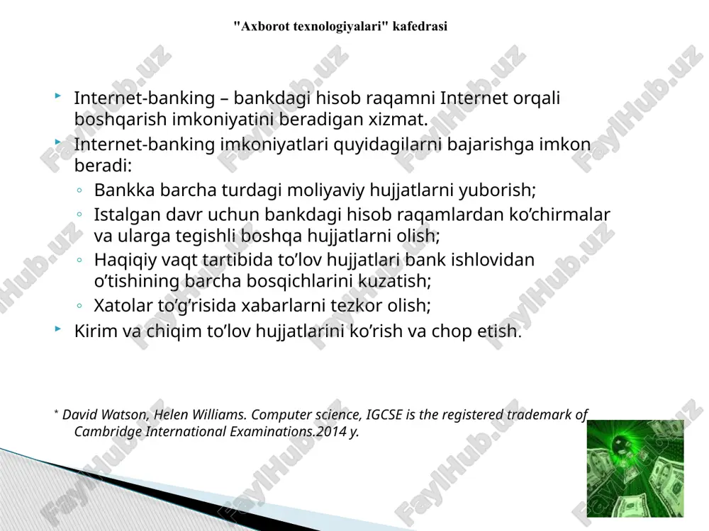 ko’p online to’lov xizmatlarini amalga oshirayotgan banklardan biri. unga ulanish uchun: 1) ulanish shartlari bilan tanishib chiqing. tizimga ulanish uchun sizning saytingiz bir qancha talablarga javob berishi kerak, talablar ssilkani samonline.uz/saminfo/index.php sahifadan topishingiz mumkin 2) ulanish sxemasi bilan tanishib chiqing. sxema bilan tanishish samonline.uz/shop/ ssilka bilan borsangiz bo’ladi. 3) samonline bilan shartnoma tuzasiz. 4) texnik ulanish amalga oshiriladi. bu haqida yanada to’liqroq ma`lumotni samonline.uz saytidan olishingiz mumkin. to’lov tizimiga ulangan sayt foydalanuvchilari saytga pul to’lash uchun samonlinedan registratsiyadan o’tadilar, so’ng ularga electron raqamli imzo (parol) beriladi. qachonki saytda to’lovni amalga oshirmoqchi bo’lsalar ana shu kodni saytdagi kod kiritiladigan joyiga yozishadi va shu bilan to’lovni amalga oshirishlari mumkin bo’ladi. bunga misol tariqasida pul to’lashni demo versiyasini ishlatib ko’rishingiz mumkin: http://samonline.uz/shop/demo/test.php "axborot texnologiyalari" kafedrasi smartvista card – plastik kartochkalari. hozirgi kunda uzcard o’rniga chiqishi kutilayotgan online plastik kartalar. bu plasrik kartochkalari bilan internet saytlari uchun ham pul to’lash mumkinligi aytilmoqda. hozirda bu …