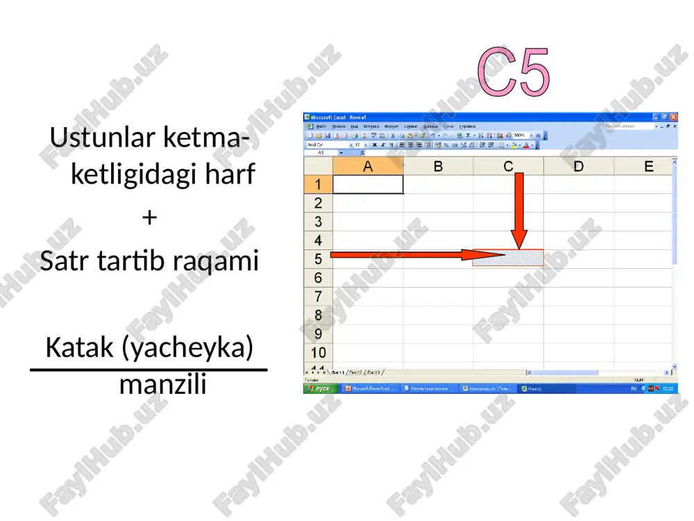 iymatni to’liq ko’rsatish imkonini bermaydi qiymat xato kiritilgan. qiymat himoyalangan katakka kiritilgan. katak formati noto’g’ri belgilangan. diagramma tayyorlash uchun avvalo – …… kerak boshlang’ich ma’lumotlar kiritilgan bo’lishi diagramma nomi kiritilgan bo’lishi diagramma joylashish o’rni tanlangan bo’lishi diagramma turi tanlanishi elektron jadvalda funktsiya bu.... arifmetik amallar to`plami. buyruqlar ketma-ketligi. standart formula. gramatik ifoda. excelda qaysi formula to`g’ri yozilgan? a1+1d =a1+!d =a!*1 =a1+d1 diagramma turlari 31 image1.png image2.png image3.png image4.png image5.png image6.png image7.png image8.png image9.png image10.png image11.png image19.png image20.png image21.png image22.png image23.png image12.png image13.png image14.png image15.png image16.png image17.png image18.png image24.png image25.png image26.png image27.png image28.png image29.png image30.png image31.png image32.png image33.wmf image34.png /docprops/thumbnail.jpeg