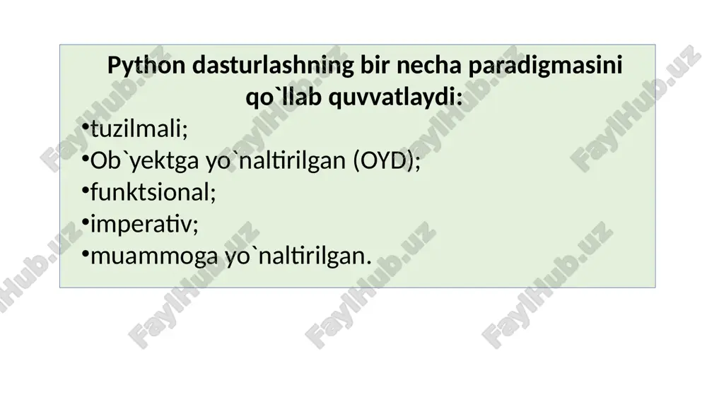 atija 1 25 // 6 natija 4 21 taqqoslash operatorlari operator izoh misol = = agar ikkala operand teng bo`lsa, rost qiymay qaytaradi true == false natija false "hello" == "hello" natija true != agar ikkala operand teng bo`lmasa, rost qiymat qaytaradi 12 != 5 natija true false != false natija false "hi" != "hi" natija true <> teng emas 12 <> 5 natija true > 5 > 2 natija true = 23 >= 23 natija true. "c" >= "d" natija false. >= taqqoslash operatorlari <> == != taqqoslash operatorlari = %= /= //= -= += *= **= o`zlashtirish operatorlari in not in a`zolik operatorlari not or and mantiqiy operatorlar 27 ma`lumotlarni kiritish matnli ma`lumotlarni kiritish uchun input() funktiayasi ishlatiladi, uni o`zgaruvchiga o`zlashtirish mumkin : a = input() b = input() input funktisyasi matnli qatorni qaytaradi. agar o`zgaruvchi sonli qiymatni qabul qilishinini istasayiz, unda matnli ma`lumotni o`qib olgandan keyin int …