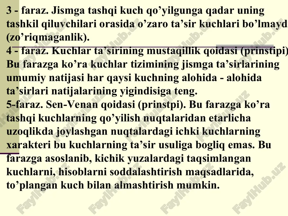ul qilingan: 1. konstruktsiya materiali bir jinsli, yaxlit, orasida bo'shliq yo'q, ya'ni butun hajmi bo'yicha fizik – mexanik xossasi bir xil deb hisoblanadi. bu cheklanish metall konstruktsiyalar uchun yaxshi natijalar beradi. beton, yog'och, g'isht uchun esa to'g'ri kelmaydi. chunki beton oralig'ida toshlar har xil zichlikda joylashadi, g'isht va yog'ochlarning oralig'ida bo'shliqlar bo'ladi. lekin tajribalarning ko'rsatishcha, olingan qiymatlar hisoblash qiymatlariga deyarli to'g'ri kelib, ularni bir jinsli deb qarash imkonini beradi. 2. mashina qismlari va inshoot qurilmalari uchun ishla-tiladigan materiallar izotrop deb, ya'ni materialning har bir nuqtasidagi deformatsiya va kuchlanish hamma yo'nalishlarda bir xil bo'ladi deb qaraladi. bu cheklanish yog'och materiallar uchun to'g'ri kelmaydi, chunki bo'ylama va ko'ndalang deformatsiya ularda har xil bo'ladi. 3. tashqi kuch ta'siridan hosil bo'ladigan elastik deformatsiya jism o'lchamlariga nisbatan juda kichik deb qaraladi, ya'ni deformatsiya kuchlarini hisoblashda nazarga olinmaydi. 4. kuchlar ta'sirining mustaqillik printsipi. bu printsipga ko'ra jismga qo'yilgan har xil yo'nalishdagi kuchlardan hosil bo'lgan zo'riqish umumiy …