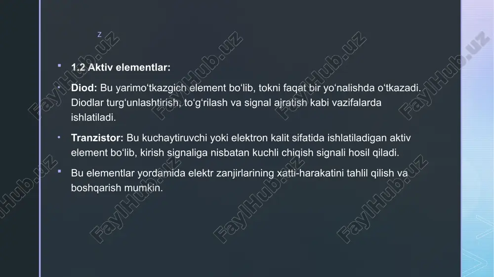 shunish, uning fizikasini qonunlar orqali ifodalash, zanjirga kiritish va natijada murakkab tizimni tahlil qilish demakdir. har bir bosqich mantiqiy izchillikda bajarilishi kerak, chunki yakuniy tahlil va xulosalar aynan shu modelga asoslanadi. bu metodika elektrotexnika tizimlarini loyihalash, nazorat qilish va optimallashtirish uchun asosiy vositadir. z z matematik modelning ahamiyati elektrotexnikada matematik model bu — elektr element yoki zanjirning fizik xatti-harakatini matematik tenglama yoki funksiya orqali ifodalashdir. bu model yordamida real hayotdagi elektr jarayonlarini oldindan hisoblash, tahlil qilish va boshqarish mumkin. quyidagi sabablarga ko‘ra matematik model elektrotexnikada juda muhim hisoblanadi: ✅ 1. tizimni oldindan tahlil qilish imkoniyati; ✅ 2. o‘tkinchi va turg‘un holatlarni o‘rganish; ✅ 3. optimal parametrlarni tanlash; 4. boshqaruv va avtomatlashtirish tizimlari uchun asos; z xulosa: matematik modellashtirish elektrotexnikada elektr elementlarning xatti-harakatini aniq ifodalash va tahlil qilish uchun asosiy vosita hisoblanadi. bu orqali loyihalash, tahlil qilish, optimallashtirish va nazorat qilish ishlari ancha yengillashadi. rezistor, kondensator va induktorning kuchlanish va tok …