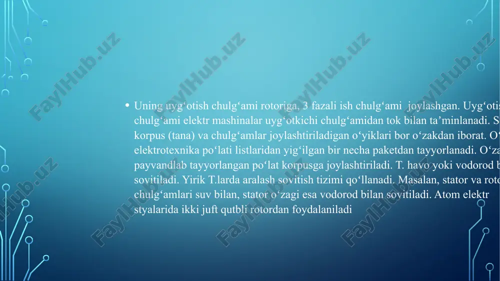 rbina yordamida aylanma harakatga keltiriladigan sinxron generator. rotori gidroturbina ish gʻildiragi oʻqiga birlashtiriladi. aylanish oʻqining joylashishiga qarab, gidrogeneratorning vertikal va gorizontal xillari; aylanish chastotasiga qarab, sekin (100 ayl/min.gacha) va tez (100 ayl/min. dan yuqori) aylanadigan xillari, hosil qilinadigan quvvatiga qarab, kam (50 mvt gacha), oʻrtacha (50— 150 mvt) va katta (150 mvt dan yuqori) quvvatli xillari bor. sekin aylanuvchi kuchli gidrogeneratorning aylanish oʻqi vertikal, tez aylanuvchi gidrogenerator (kovshli gidroturbinali)larniki esa gorizontal boʻladi. gidrogeneratorlar daryolarning topologik va geologik xususiyatlarini eʼtiborga olib, tez aylanuvchi koʻpchilik gidrogeneratorning oʻqdari vertikal oʻrnatiladi. gidrogeneratorlarni konstrukiiyalashda va montaj qilishda gidroagregat aylanuvchi kismlarining mahkamlanishiga va rotor hamda stator chulgʻamlarini sovitishga alohida eʼtibor beriladi. gidrogeneratorni uygʻotishda, odatda, volga oʻrnatilgan yordamchi oʻzgarmas tok generatoridan, baʼzi hollarda toʻgʻrilagichli sinxron generatordan foydalaniladi. normal foydalaniladigan gidrogeneratorning kuchlanishni generatsiyalash diapazoni 8,8 dan 18 kv gacha, quvvat koeffitsiyenta (soir)—0,8—0,95. tez aylanuvchi gidrogeneratorning f.i.k. 97,5-98,8; sekin aylanuvchilariniki — 96,3-97,5. qo‘zg‘atgich statorning alohida sigmentlarining sizib yig‘ilishi orqali …