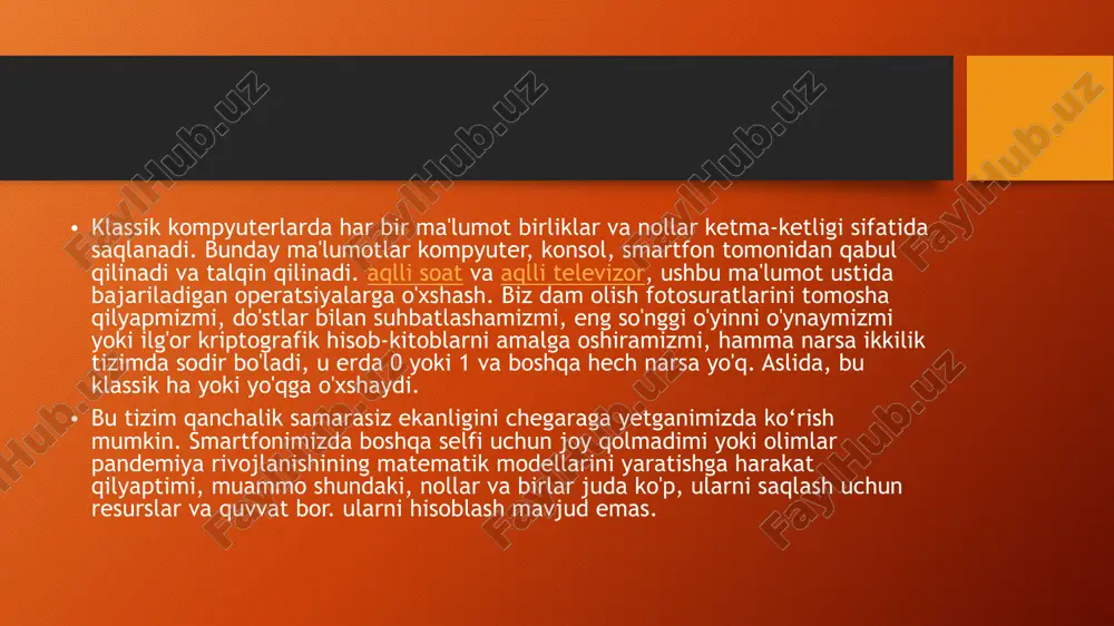 hdir. bugungi kunda kvant kompyuterlari nima uchun ishlatilishi mumkin, xuddi 20 yil oldingi kabi, smartfon nima uchun ishlatilishi mumkin degan savol tug'iladi. albatta, allaqachon ba'zi rejalar va taxminlar mavjud, ammo kvant kompyuterlari keng tarqalgach, kubitlardan foydalanishning eng qiziqarli yo'nalishlari aniq bo'ladi. kriptografiya kvant hisoblashlari eng ko'p qo'llaniladigan eng mashhur sohalardan biridir. gap shundaki, bu ma'lumotni juda xavfsiz tarzda uzatish usuli bo'ladi va xavfsizlik hisoblash jarayonlarining murakkabligiga emas, balki fizika qonunlariga asoslanadi, bu ba'zi narsalar shunchaki imkonsiz ekanligiga ishonch hosil qiladi. va hozirda tinglash, josuslik qilish, buzish mumkin bo'lmaydi. ehtimol, ma'lumotlarni teleportatsiya qilish uchun kvant kompyuterlaridan foydalanish haqida gapirish mantiqiydir. ha, aniq ma'lumotlarning teleportatsiyasi va, ehtimol, odam. biz ma'lumotni jismoniy uzatmasdan joydan ikkinchi joyga teleport qilishimiz mumkin. bu fantaziyaga o‘xshaydi, lekin bu mumkin, chunki kvant zarralarining bu suyuqligi vaqt va makonda chigallashishi mumkin, shuning uchun bir zarraning o‘zgarishi boshqasiga ta’sir qilishi mumkin va bu teleportatsiya uchun kanal yaratadi. bu allaqachon laboratoriyalarda …