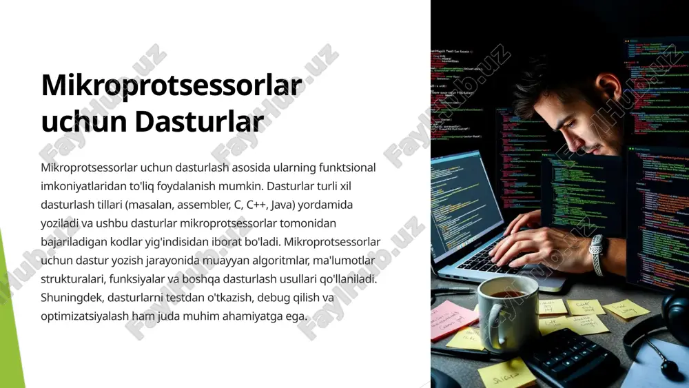 ayev e. mikroprotsessorlar va mikroehm asoslari. o’quv qo’llanma. –t.:tdtu, 2012 digital design and camputer architekture, by david harris, sarah harris. 2013. isbn-13: 978-0123944245. xoliqov a.a. raqamli sxematexnika. o‘quv qollanma. t.; yangi nashr, 2017, 216 b. ugryumov e.p. raqamli sxema. sank-peterburg, bhv 2007. – 800 b. xulosa mikroprotsesorlar turli sohalarda, ayniqsa yuqori tezlik, samaradorlik va aniqlik talab etadigan operatsiyalarda keng qo’llanilmoqda. mikroprotsserli tizmlarning kelajagi innovatsiyalar bilan bog’liq bo’lib ysngi imkoniyatlar yaratadi, bu esa muhandislik va texnologiya sohalarida yangi imkoniyatlarni ochadi. o’zbekistonda mikroprotsessorli tizimlarning rivojlanishi iqtisodiy o’shishga va texnologik taraqqiyotga kata hissa qo’shadi bu esa mamlakatni glabal raqobatga tayyorlaydi. image1.png image2.png image3.png image4.png image5.png image6.png