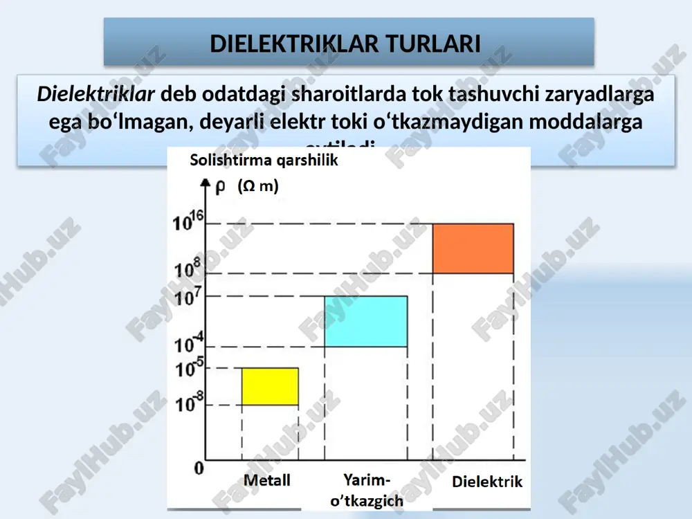 jihatidan teng fizik kattalikka aytiladi. elektr sig‘imi birligi – farada (f): 1f – yakkalangan o‘tkazgichga 1c zaryad uzatilganda, uning potensiali 1v ga o‘zgaradigan sig‘imdir. yakkalangan sharning elektr sig‘imi s o‘tkazgichlar elektr sizimi quyidagilarga bog‘liq: o‘tkazgichlarning o‘lchami va shakliga, elektr sig‘imi joylashgan muhitning dielektrik xususiyatiga. 23 yassi kondensatorning sig‘imi sferik kondensatorning sig‘imi silindrik kondensatorning sig‘imi 24 yassi kondensatorning sig‘imi yassi kondensator, yuzalari s, oralaridagi masofa d bo‘lgan vakuumdagi ikkita parallel qoplamalardan tashkil topgan. qoplamalar orasidagi maydon birjinslidir. 1) qoplamalar orasidagi masofa, ya’ni elektr maydoni kamayganda kondensator sig‘imi ortadi; 2) qoplamalar orasiga kuchli singdiruvchanlikka ega bo‘lgan dielektrik joylashtirilsa kondensatorning sig‘imi ortadi. 25 yakkalangan sharning sig‘imini hisoblash sharning sirti q zaryad bilan bir tekis zaryadlangan. shar sirtidan r masofada joylashgan nuqtadagi maydon kuchlanganligi: sig‘imi 1f bo‘lgan sharning radiusi r = 9·106 km! erning sig‘imi 0,7 mf!!!!!!! 26 sferik kondensatorning sig‘imini hisoblash gauss teoremasidan: 27 zaryadlangan kondensatorning energiyasi manfiy zaryadlangan qoplamadan musbat zaryadlangan qoplamaga …