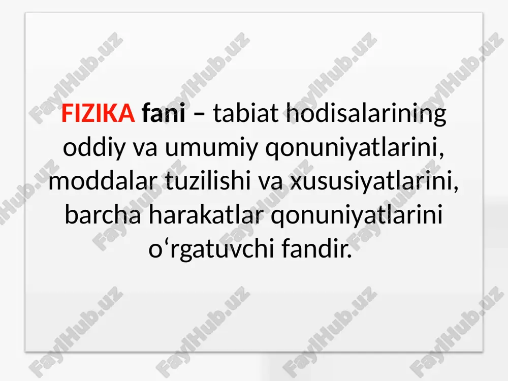iyasiga nisbatan moddiy nuqta deb hisoblash mumkin 23 tezlik moduli vaqt o‘tishi bilan o‘zgarmas qolsa, bu harakat tekis harakat deb ataladi. tezlik ko‘chish 24 notekis harakatda nuqtaning t1 - t2 vaqt oraligida bosib o‘tgan yo‘li s o‘ngdagi integral bilan ifodalanadi istalgan teng vaqt oraliklarida jism har xil masofaga ko‘chsa, bu harakat notekis harakat deb ataladi. agarda vaqt o‘tishi bilan tezlik moduli oshib borsa, u holda harakat tezlanuvchan harakat deb ataladi, tezlik moduli kamaygan holda - sekinlanuvchan deb ataladi. 25 tekis tezlanuvchan harakatda jismning tezligi istalgan teng vaqt oraliklarida bir xil o‘zgaradi. xalqaro birliklar tizimida tezlanish 1m/s2 bilan o‘lchanadi. 26 harakatning kinematik tenglamasi moddiy nuqta harakati qonunini va koordinatalar yoki r radius vektorning t vaqtga bog‘liq funksional bog‘lanishini ifodalaydi. yoki 27 harakat traektoriyasi – bu tanlangan sanoq tizimiga nisbatan harakatlanayotgan jismning chizgan chizig‘idir. 28 ko‘chish vektori - bu egri chiziqli traektoriyada harakatlanayotgan moddiy nuqta holatlari radius – vektorining vaqtga bog‘liq ko‘chishidir. …