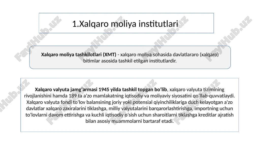 ashmoqda. bu munosabat nafaqat puxta o'ylangan, balki bir vaqtning o'zida ildam va qulay bo'lishi hamda hozirgi tez o'zgaruvchan, dunyoda yuzaga kelishini oldindan aytib bo'lmaydigan yangi muammo va tahlikalarga o'z vaqtida va munosib javob berishi kerak. o'zbekiston xalqaro moliya tashkilotlari bilan moliyaviy munosabatlarini shakllantirishida va rivojlanishidagi asosiy omili: • jahon bozorlarida o'zining o'rniga ega bo'lishi, ayniqsa tovar bozorlarida; • mamlakat iqtisodiy aloqalarning baynalminallashuvi va globallashuvi. • iqtisodiy va ijtimoiy sohalarda integratsiya jarayonlarining kuchayishi. • mamlakatning ilmiy-texnika taraqqiyotiga qo'shgan hissasi • xalqaro moliya munosabatlarining ko'p tomonlama va manfaatli tartibga solish tizimini takomillashtirilishi. • mamlakatda transmilliy korporatsiya va banklar faoliyatinini nazorat qilish va kengaytirilishi agar quyidagi omillar iqtisodiyot va xalqaro moliyaviy munosabatlarda o'z aksini topsa, mamlakating moliyaviy rivojlanish koeffisiyentga ijobiy ta'sir ko'rsatadi. e`tiboringiz uchun rahmat. image1.png image2.jpeg image3.jpeg image4.jpeg image5.png image6.jpeg image7.jpeg /docprops/thumbnail.jpeg
