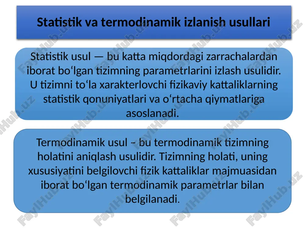 solyut temperaturaga erishish mumkin emasligini ko‘rsatadi! 21 22 s n m0 vt gazlar molekulyar – kinetik nazariyasining asosiy tenglamasi molekulalarning idish devoriga urilishlari natijasida s idishning devoriga beriladigan gaz bosimini aniqlaymiz molekulalarning o‘rtacha kvadratik tezligi gaz massasi molekulalar soni idish hajmi molekulalar konsentrasiyasi bitta molekula massasi gaz zichligi idish devoriga molekulalarning urilishlar soni 23 m0 massali bitta molekulaning devorga urilishida uning impulsini o‘zgarishi t vaqtda s yuzaga l masofadagi molekulalar etib boradi ajratilgan hajm ajratilgan hajmdagi molekulalar soni bitta devorga urilishlar soni z ajratilgan hajmdagi molekulalarning 1/6 qismiga teng ft kuch impulsi molekula impulsining o‘zgarishiga teng gaz bosimi mkn ning asosiy tenglamasi 24 mkn asosiy tenglamasining boshqa ko‘rinishlari molekula harakati o‘rtacha kinetik energiyasini hisobga olganda 25 26 ideal gaz qattiq molekulalari uchun erkinlik darajasi soni erkinlik darajasi soni bir atomli gaz ikki atomli gaz uch atomli gaz ilgarilanma harakat 3 3 3 aylanma harakat - 2 3 umumiy 3 5 …