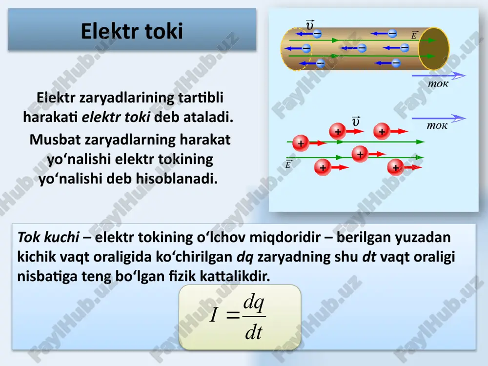 r zanjirining ixtiyoriy yopiq konturi qismlaridagi tok kuchlarining mos ravishda qarshiliklariga ko‘paytmalarining algebraik yig‘indisi, shu konturdagi eyuk larning algebraik yig‘indisiga tengdir. 20 kulon va tashqi kuchlar elektr zanjiri bo‘ylab zaryadlarni ko‘chirishda ish bajaradilar. tokning quvvati – birlik vaqtda bajarilgan ishdir. 1 vt·s=3600 v·s=3,6·103 j. 1kvt·s=1000 vt·s=3,6·106 j. tokning bajargan ishi tokning quvvati 21 integral ko‘rinishda zanjirning bir qismida doimiy elektr elektr toki ta’sirida ajraladigan issiqlik miqdori tok kuchining kvadratini tok o‘tish vaqtiga va zanjirning shu qismi elektr qarshiligiga ko‘paytmasiga tengdir. . joul – lens qonuni differensial ko‘rinishda tokning solishtirma issiqlik quvvati birlik vaqtda birlik hajmda ajraladigan issiqlik miqdoriga tengdir: 22 23 metallarda elektr toki n – konsentrasiya q - zaryad v – zaryadlar tartibli harakatining o‘rtacha tezligi 24 tolmen va papaleksi tajribalari 25 o‘tkazgichlarning volt – amper xarakteristikasi qarshilikning temperaturaga bog‘liqligi - qarshilikning temperatura koeffisienti tkr 26 qarshiliklarni ketma – ket ulash 27 qarshiliklarni parallel ulash 28 ionlashgan gaz orqali …