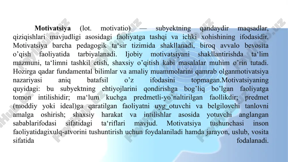 ayta boshlaydi. tasodifan odamlar davrasidan chiqib. o‘smirlik davrining alohida vaziyati uning nomlarida ifodalanadi: «o’tish», «keskin o’zgaruvchan», «mushkul», «tanqidiy». ularda bu yoshda sodir bo’ladigan rivojlanish jarayonlarining murakkab va muhimligi qayd etilgan. bu hayotning bir davridan boshqasiga o’tish bilan bog’liq. inson rivojlanishining barcha yo’nalishlari bo’yicha (jismoniy, aqliy, ruhiy, axloqiy, ijtimoiy) katta sifat va miqdoriy o’zgarishlar ro’y beradi. o’smir shaxsi rivojlanishning muhim omili – uning shaxsiy faolligi – shaxsiyat, o’zini e‘tirof etish va aniqlash jarayoni faol kechadi – biroq bu jarayon bir tekis emas. o‘quv motivlari. psixologiya fanida shaxsni aqliy, amaliy harakatga va xulq atvorini amalga oshirishga undovchi, muayyan ehtiyojlarni qondirish bilan uzviy bog’liq sababiyat motivlar deb ataladi. ta‘rifdan ko’rinib turibdiki, ularning asosiy funksiyasi insonni harakatga, xulq-atvorni amalga oshirishga undovchi sabablar (omillar), ichki turtkilar vazifasini o’tashdan iboratdir. bu holatni o’quv faoliyatiga ko’chirish uchun quyidagi voqelikni izohlab berish ayni muddaodir. bunday aniq voqelik har qanday maktab,kollej, akdemik litsey, oliy ta‘lim tizimida yuz berib turadi. …