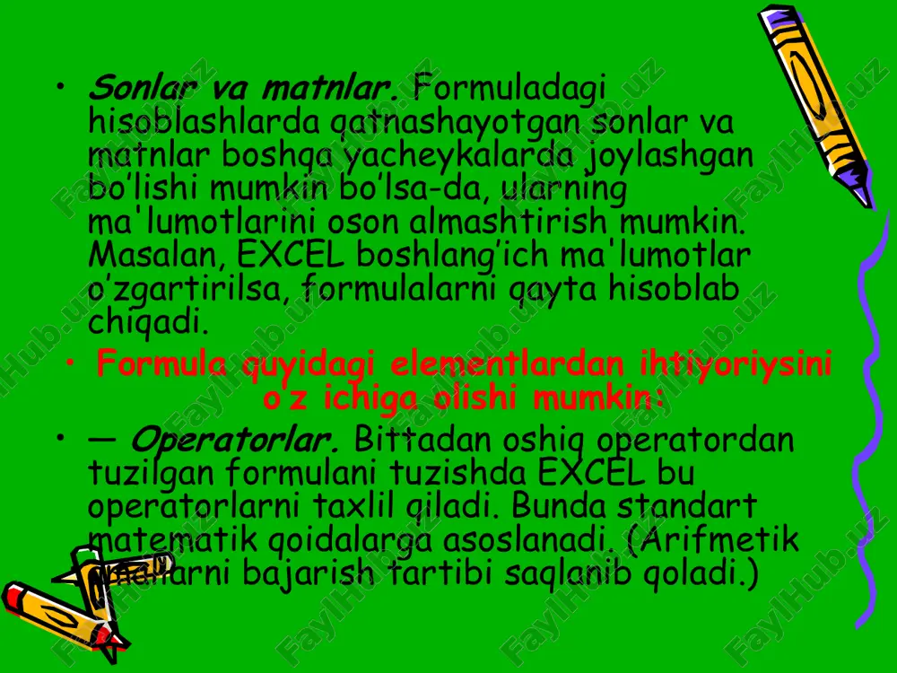 atkichi bilan tanlash lozim. «master funktsiy » (funktsiyalar ustasi) ikkita muloqot shaklidagi darchasiga ega. * kategoriyalar darchada 11 ta turli xil soxalarga tegishli bo’lgan funktsiyalar kategoriyalari berilgan. agar foydalanuvchining masxus funktsiyalari xam ko’llanilsa, bu kategoriyalar soni undan xam ko’p bo’lishi mumkin. funktsiyalar ro’yxatidagi kategoriyalardan biri tanlab olinsa, muloqot oynasida shu funktsiya kategoriyasiga tegishli funktsiyalarning ro’yxati chiqadi. ro’yxatlar darchasida funktsiyalardan biri tanlab olinsa, argumentlar ro’yxati bilan foydalanish haqida qisqacha ma'lumot paydo bo’ladi. bu quyidagi rasmda keltirilgan * * «master funktsiy» (funktsiyalar ustasi) bilan ishlash haqida tavsiyanomalar 1. agar tanlangan funktsiya haqida qo’shimcha ma'lumot olmoqchi bo’lsangiz, unda sichqoncha ko’rsatkichini «spravka» (ma'lumot) tugmasiga olib borib bosing. 2. yangi funktsiyani kiritishda « master funktsiy » (funktsiyalar ustasi) avtomatik ravishda kator boshiga «=» (teng) belgisini qo’yadi. 3. «master funktsiy» (funktsiyalar ustasi) ni chaqirishda yacheyka bo’sh bo’lmasa, unda yacheykadagi ma'lumotlar o’chirib tashlanadi. 4. « master funktsiy » (funktsiyalar ustasi) ni mavjud bo’lgan formulaga yangi funktsiyani kiritishda …