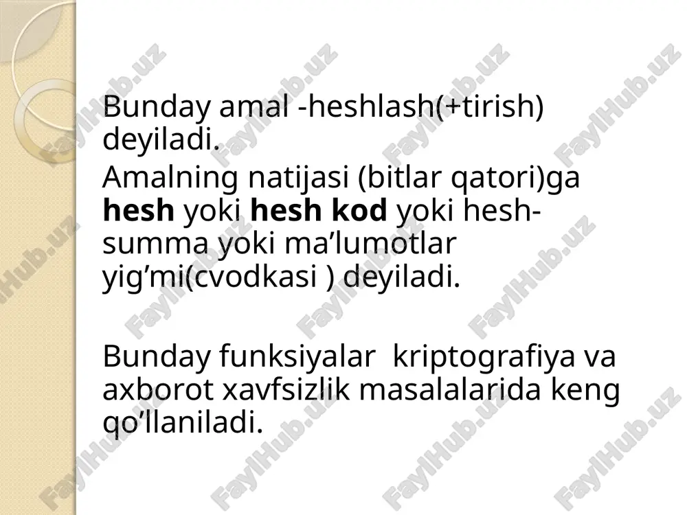 s kelgunga qadar davom etadi. oxirgi holatda identifikatorlar jadvali to‘lgan va bo‘sh joy boshqa yo‘q, degan xatolik to‘g‘risida ma’lumot beradi. hi(a) funksiyani hisoblashning eng oddiy metodi, uni hi(a)=(h(a)+pi)modnm asosida qurishdir, bu erda pi qandaydir bir hisoblangan butun son, nm –identifikatorlar jadvalidagi elementlarning maksimal soni. o‘z o‘rnida eng oddiy usul pi ni o‘rniga i ni qo‘yish bo‘ladi. unda quyidagi formulani olamiz hi(a)=(h(a)+i)modnm. bu holda xesh-funksiyaning bir xil qiymatlariga mos kelgan identifikatorlarni joylash uchun bo‘sh yacheykani qidirish mantiqan xesh-funksiya h(a) ko‘rsatgan joydan boshlanadi. nazorat savollari kalitlarni almashtirish nima? akslantirish funksiyasi vazifasi nimadan iborat? qanday holatlarda ziddiyat yuzaga keladi? ziddiyatni hal qilishning qanday usullarini bilasiz? image2.emf microsoft_powerpoint_presentation.pptx image3.png image4.png image5.png image6.png 4-mavzu. ma’lumotlarnixeshlashalgoritmlari. xeshjadvalvaxeshfunksiyalar. ziddiyatlarnihalqilishusullariheshso’ziingliztilidagihash so’zidanolinganbo’lib, chalkash( putanisa) yokiaralashma(meshanina) ma’nosinianglatadi. /docprops/thumbnail.jpeg kalitlarni akslantirish (joylashtirish) 4-mavzu. ma’lumotlarni xeshlash algoritmlari. xesh jadval va xesh funksiyalar . ziddiyatlarni hal qilish usullari hesh so’zi ingliz tilidagi hash so’zidan olingan bo’lib, chalkash ( putanisa) yoki aralashma (meshanina) ma’nosini …