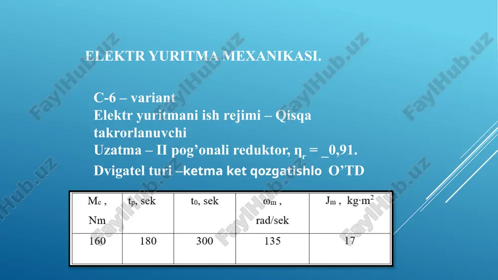 hisoblanadi mt = mcn – j(dω/dt); bunda mcn – oxirgi uchastkadagi static moment qiymati, dω/dt hosila δω/δt bilan olmashtiriladi. qizish bo’yicha dvigatel quyidagi shartga asosan tekshiriladi mh ≥ me; τy≤ τd bu erda, τy – turg’un qizish temperaturasi; τd – ruxsat etilgan qizish temperaturasi. yuklanish bo’yicha quyidagi shart bajarilishi kerak mmax/mh ≤ λ bunda, λ – dvigatelni yuklanish qobiliyai. agar yuqoridagi shartlar bajarilsa dvigatel to’g’ri tanlangan hisoblanadi, aks holda kattaroq quvvatli dvigatel olinishi kerak. xulosa kurs loyihasida men ketma ket elektrodvigatelni ishga tushirish, reverslash va tormozlashni avtomatik boshqarish masalalarini ishlab chiqdim, avtomatik boshqarish sxemalarni tuzishni o’rgandim, elektr yuritmalarni boshqarish sxema elementlarini grafik tasvirlanishini va printsipial sxemalarini o’qishni o’rgandim. kurs loyihasini bajarishda men elektr yuritmani tezligini rostlash masalalarini yechdim, boshqarish sxemalarni grafik bajarish, dvigatelni mexanik xarakteristikalarini hisoblash va qurish ko’nikmalariga ega bo’ldim foydalanilgan adabiyotlar klyuchev v. i «teoriya elektroprivoda» m. energoatomizdat. 2000. 440s. moskalenko v. v «elektricheskiy privod» uchebnoe posobie, akademiya …