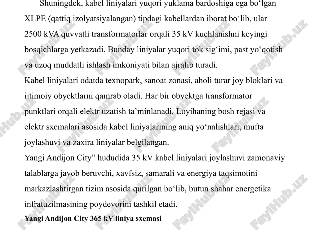 ‘rgandim, masalan “yangi andijon city” loyihasi doirasida qurilgan yangi zamonaviy shahar hududini elektr energiyasi bilan ta’minlashda 35 kv kuchlanishli kabel liniya, kabel liniyasi va shu korxonani energiya ta’minotini ham o‘rganib chiqdim. eng muhimi men olgan nazariy bilimlarimni amalyotda ko’rdim hattoki o’zim bajarib ko’rdim bu esa mening bilimlarimni yanada oshirdi. kelgusida men yangi andijon city” loyihasi doirasida qurilgan yangi zamonaviy shahar hududini elektr energiyasi bilan ta’minlashda 35 kv kuchlanishli kabel liniyasini ishonchliligini hamsda samaradorligini oshirish va qanday yangilik kiritish to’g’risida ham o’ylab qo‘ydim. foydalangan adabiyotlar 1.analiz povrejdeniy kabelya s izolyatsiey iz sshitogo polietilena v seti 35 kv metallurgicheskogo zavoda. m.b. ilinix, l.i. sarin, a.i. shirkovets ooo «pnp bolid»,g.novosibirsk,2011. 2. instruktsiya po prokladke kabeley silovix s izolyatsiey iz sshitogo poli-etilena na napryajenie 6-35 kv. vitebsk, po «energokomplekt», 2010. - 47 s. 3. instruktsiya po prokladke kabeley silovix s izolyatsiey iz sshitogo polietilena na napryajenie 10, 20 i 35 kv. rukab/id 23-2-019 (abb …
