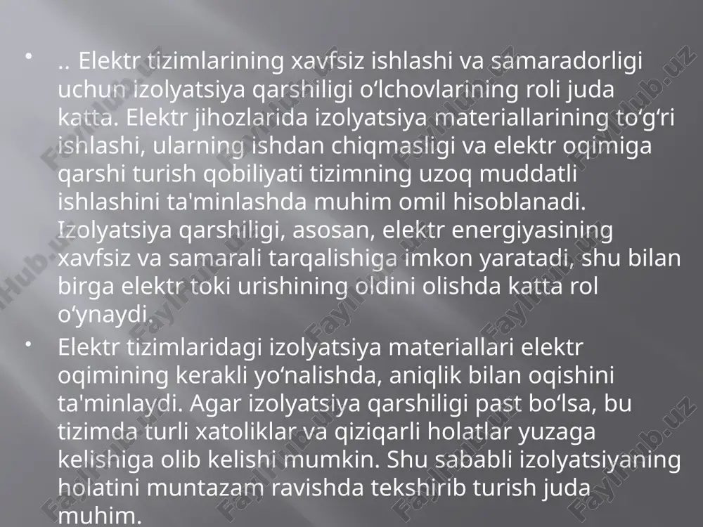 a'minlash uchun zarur bo‘lgan juda muhim jarayon. yaxshi izolyatsiya nafaqat tizimning ishonchliligini oshiradi, balki energiya tejamkorligini ta'minlaydi, xavfsizlikni ta'minlaydi va tizimni uzoq muddat davomida samarali ishlatishga yordam beradi. bu jarayonlar orqali nosozliklarni oldindan aniqlash, ta'mir yoki almashtirish zaruriyatini belgilash mumkin. foydalanilgan adabiyotlar s. m. zubov, "izolyatsion materiallar va ularning ishlash xususiyatlari," ma'lumotnoma, 2010 hamidov nigmatulla “yuqori kuchlanish texnikasi va izolyatsiya” toshkent–2012 aleksandrov g. n. ogranichenie perenapryajeniy v elektricheskix setyax.uchebnoe posobie. – spb.: izdanie tsentra podgatovki kadrov, 2003. xaydarov s. d. «o'ta kuchlanish va izolyatsiya» fanidan ma'ruza matnlari. - toshkent: toshdtu, 2001. . kurganov v. v. izolyatsiya i perenapryajenie v elektroenergeticheskix sistemax. kurs lektsiy po odnoimenoy distsipline 383 dlya studentov «elektroenergetika»yu – gomel: ggtu im. p. o. suxogo, 2010. image2.png image3.png /docprops/thumbnail.jpeg