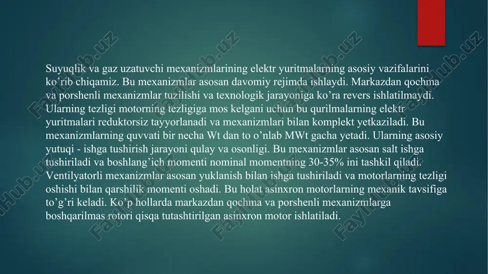 sida motorning hajmini kattalashtirishga bo’lgan ehtiyoj kamayadi va yuqorida ko’rilgan tezlikni rostlash usullarida yuritmaning quvvat doirasini kengaytirish imkoni tug’iladi. misol uchun, rostlashning impulsli usuli rotor zanjirining qo’shimcha qarshiligi kommutatsiyasiga qo’llanilishi maqsadga muvofiq. bir qator hollarda mexanizmlar yuritmalari tezligini rostlash ularning asinxron yoki sinxron motorlari orqali bajariladi. shu o’rinda elektr motor va ishlab chiqaruvchi mexanizm o’rtasida motor tezligini o’zgartirmay ishlab chiqarish mexanizmining tezligini o’zgartirish imkonini beradigan gidromufta yoki asinxron sirpanish muftasi o’rnatiladi. foydalanilgan adabiyotlar 1.xoshimov o.o., umarov sh.b. umumsanoat mexanizmlarining avtomatlashtirilgan elektr yuritmalari. darslik.- toshkent, 2020, 212 b 2. aj “ilmiy-texnika markazi” mchj “elektromexanika va energetikada texnologik uskunalar” kamalov t.s. abidov k 3. kamolov sh.o. "asinxron o'zgaruvchan tokli elektr yuritma uchun boshqaruv tizimlarini optimallashtirish algoritmlari va usullari" 2021, 2-3 b. 4. jaeschke, ralph l. (1978). controlling power transmission systems. cleveland, 5. "field-oriented control for motors". machinedesign.com. archived from 2021, 6. jumaev o a, nazarov j t, mahmudov g b, ismoilov m …