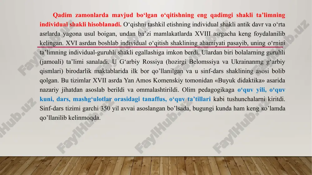 shkiliy qism; b) nazariy materiallami mustahkamlash; v) laboratoriya ishini o‘tkazish; g) o‘quvchilami baholash; d) uy vazifasi. amaliy darslarning tuzilishi: a) tashkiliy qism; b) nazariy materiallami mustahkamlash; v) amaliy ish topshiriqlarini bajarish; g) o‘quvchilami baholash; d) uy vazifasi. 3. darsga qo‘yiladigan talablar. har bir dars quyidagi uchta asosiy vazifani hal etishga yo‘naltiriladi: o‘qitish, tarbiyalash, rivojlantirish. ana shuni hisobga olib darsga didaktik, tarbiyaviy va rivojlantiruvchi talablar qo‘yiladi. didaktik (yoki ta’limiy) talablarga har bir darsning ta’lim vazifalarini aniq belgilash, darsni axborotlar bilan boyitish, ijtimoiy va shaxsiy ehtiyoj lami hisobga olish bilan mazmunini optimallashtirish, idrok etish eng yangi texnologiyalarini kiritish, turli xildagi shakl, metodlar va vositalardan mos ravishda foydalanish, dars tuzilishini shakllantirishga ijodiy yondashisb, jamoaviy faoliyat usullari bilan birga o‘quvchilar mustaqil faoliyatlarini turli shakllaridan birga foydalanish, operativ qayta aloqani ta’minlash, amaliy nazorat va boshqaruvni amalga oshirish, ilmiy mo‘ljal va darsni mahorat bilan o‘tkazishni ta’minlash kabilar kiradi. darsga nisbatan qo‘yiladigan tarbiyaviy talablar o'quv materialining tarbiyaviy …