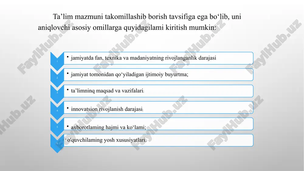 qsadlariga, o‘quv yuklamalari hajmiga hamda ta’lim sifatiga qo‘yiladigan talablardan iborat. umumiy o'rta ta’limning malaka talablari quyidagilardan tashkil topadi: bilim - o'rganilgan ma’lumotiami eslab qolish va qayta tushuntirib berish; ko'nikma - o'rganilgan bilimlami tanish vaziyatlarda qo‘llay olish; malaka - o'rganilgan bilim va shakllangan ko'nikmalarni notanish vaziyatlarda qo'llay olish va yangi bilimlar hosil qilish; kompetensiya — mavjud bilim, ko'nikma va malakalami kundalik faoliyatda qo'llay olish qobiliyati. umumiy o'rta ta’limning malaka talablari baholash tizimi - davlat ta’lim standarti bo'yicha umumiy o'rta ta’limning malaka talablarini o'quvchilar tomonidan o'zlashtirilishi darajasini hamda umumiy o'rta ta’lim muassasasining faoliyati samaradorligini aniqlaydigan mezonlar majmuidan iborat. baholash tizimi ta’lim mazmuni va o'quv dasturlari asosida o'quv materiallari o'quv-metodik majmuada o'z ifodasini topadi. o‘quv-metodik majmua - darslik, mashq daftari, o'qituvchi uchun metodik qo'llanma. darsliklaming multimediali ilovasidan iborat majmua. darslik - davlat ta’lim standartlariga muvofiq o'quv dasturi asosida didaktik, metodik, pedagogik-psixologik, estetik va gigienik talablarga javob beradigan, o'quv fanining mavzulari to'liq yoritilgan, uning …