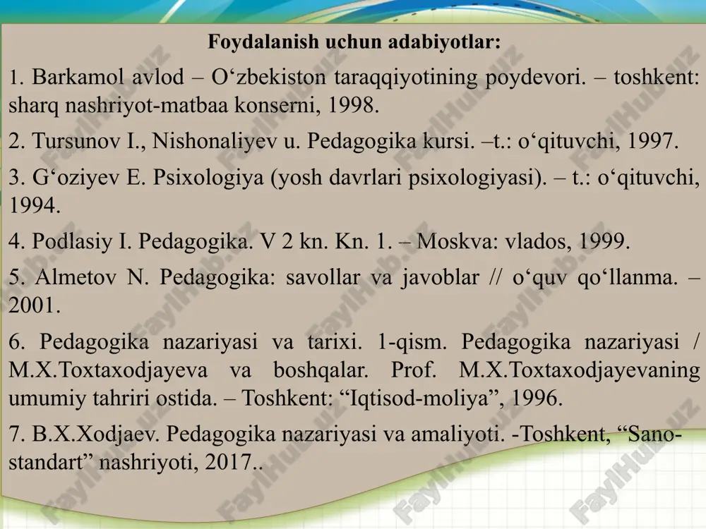 shgacha bo’lgan davr) yasli davri (bir yoshdan uch yoshga cha) kichik maktab yoshi (6-7 yoshdan 11-12 yoshga cha) maktabgacha tarbiya yoshi (ych yoshdan etti yoshga cha) o’smirlik yoshlari (12 yoshdan 15-16 yoshgacha) o’smirlik davri (15-16 yoshdan 18 yoshgacha) 5a-ilova 6-ilova go‘daklik davrining o‘ziga xos xususiyatlari: olti oydan so‘ng “g‘o‘ldirab” so‘zlashga intiladi, atrofdagilarning gaplarini tushuna boshlaydi, asta-sekin passiv nutq shakllanadi, 2 yoshga qadam qo‘ygach, faol nutqni o‘zlashtiradi. nutq o‘sishi bilan bola borliqni anglay boshlaydi. bolaning xatti-harakatlari, xulq-atvorida hissiy kechinmalar namoyon bo‘la boshlaydi. uning harakatida ovqatlanish, issiq yoki sovuqni sezish kabi hissiy ta’sirlar kuzatiladi. bola ikki yoshga to‘lganda undagi ixtiyorsiz faollik asta-sekin ixtiyoriy faollik bilan almashadi. u oddiy yumushlarni bajara oladi. unda ixtiyoriy diqqat o‘sadi va “men”lik yuzaga keladi. u o‘zini atrofdagi tengdoshlari bilan solishtirib, ulardan o‘zini ajratib, “mening o‘zim”, “men istayman”, “men istamayman”, “men o‘zim bajaraman” yoki “men buni bajara olmayman” kabi so‘zlarni qo‘llaydi. atrofdagi narsalarga ta’sir ko‘rsatib, ularga o‘z munosabatini …