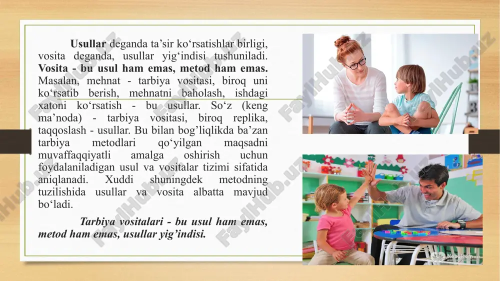 bo’la olmaydi. ularga indivudual va shaxsiy tuzatishlar kiritish zarur. insonparvar pedagog har bir shaxs o‘ziga xosligining rivojlanishiga, o'ziga xosligini saqlashga, o‘zining «men»ini ro‘yobga chiqarishga imkon beradigan metodlarni qo‘llashga harakat qiladi. 6. tarbiyaviy shart-sharoitlar. unga moddiy, psixofizioiogik, sanitar-gigienikdan tashqari sinfda yuzaga keladigan munosabatlar: jamoadagi iqlim, pedagogik rahbarlik usuli va boshqalar tegishlidir. ma’lumki, mavhum shart-sharoitlar bo‘lmaydi, ular hamisha aniq. ulaming birlashuvi aniq holatlarda ko‘rinadi. tarbiya amalga oshadigan sharoit pedagogik vaziyatlar deb ataladi. 7. tarbiya vositalari. tarbiya metodlari tarbiya jarayonining tarkibiy qismi sifatida yuzaga chiqadigan tarbiya vositalaridan tashkil topadi. metodlar ular bilan mustahkam bog‘langan va birgalikda qo‘llaniladigan boshqa tarbiya vositalari ham mavjud. masalan, metodlami samarali qo‘llash uchun zaruriy yordam beruvchi ko‘rgazmali qurollar, tasviriy san’at asarlari va musiqa san’ati, ommaviy axborot vositalari. 8. pedagogik malakani egallaganlik darajasi. tarbiyachi odatda faqat o‘zi biladigan va qoilay oladigan metodlami tanlab oladi. ko‘plab metodlar murakkab bo‘lganligi bois, o‘qituvchidan ko‘p kuch ishlatishni talab etadi. bunday mas’uliyatdan bo‘yin tovlaydigan pedagoglar …