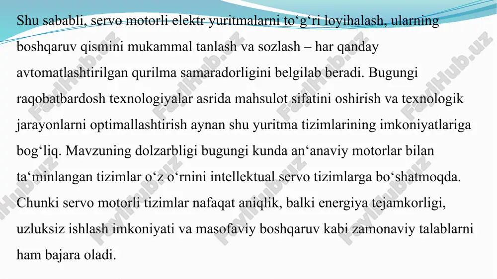 texnika va manipulyatorlar, - tibbiyot texnikalari va protez texnologiyalari, - aviatsiya va kosmik qurilmalar, - 3d printerlar va avtomatlashtirilgan zavodlar. ularning yuqori aniqlikda ishlashi sanoatda mahsulot sifatini oshirishga, vaqt va xarajatlarni kamaytirishga xizmat qiladi. buyruq signali bu tashqi qurilma yoki operator tomonidan tizimga beriladigan ko‘rsatma. masalan motor qancha aylanishi, qanday pozitsiyada to‘xtashi, tezligi qanday bo‘lishi, bu signal mikrokontroller yoki plc orqali servo drayverga uzatiladi. servo drayver servo motorning “miya”si hisoblanadi. buyruq signalini oladi va motorga to‘g‘rilangan elektr impulslarini yuboradi. motorning aylanish tezligi va kuchlanishini boshqaradi. drayverning vazifasi, buyruq bo‘yicha harakatni boshlash, sensorlardan kelgan qayta aloqa signallarini qabul qilish, zarurat bo‘lsa, tuzatishlar kiritish motor servo motorning harakat qiluvchi qismi. servo drayverdan kelgan signal asosida aylanadi yoki siljiydi. sensor bu enkoder yoki rezolver bo‘lishi mumkin. motorning haqiqiy holatini pozitsiyasi, tezligi, aylanish burchagini o‘lchaydi. o‘lchangan natija qayta aloqa feedback sifatida servo drayverga uzatiladi. qayta aloqa feedback motorning haqiqiy holati doimiy ravishda servo drayverga …