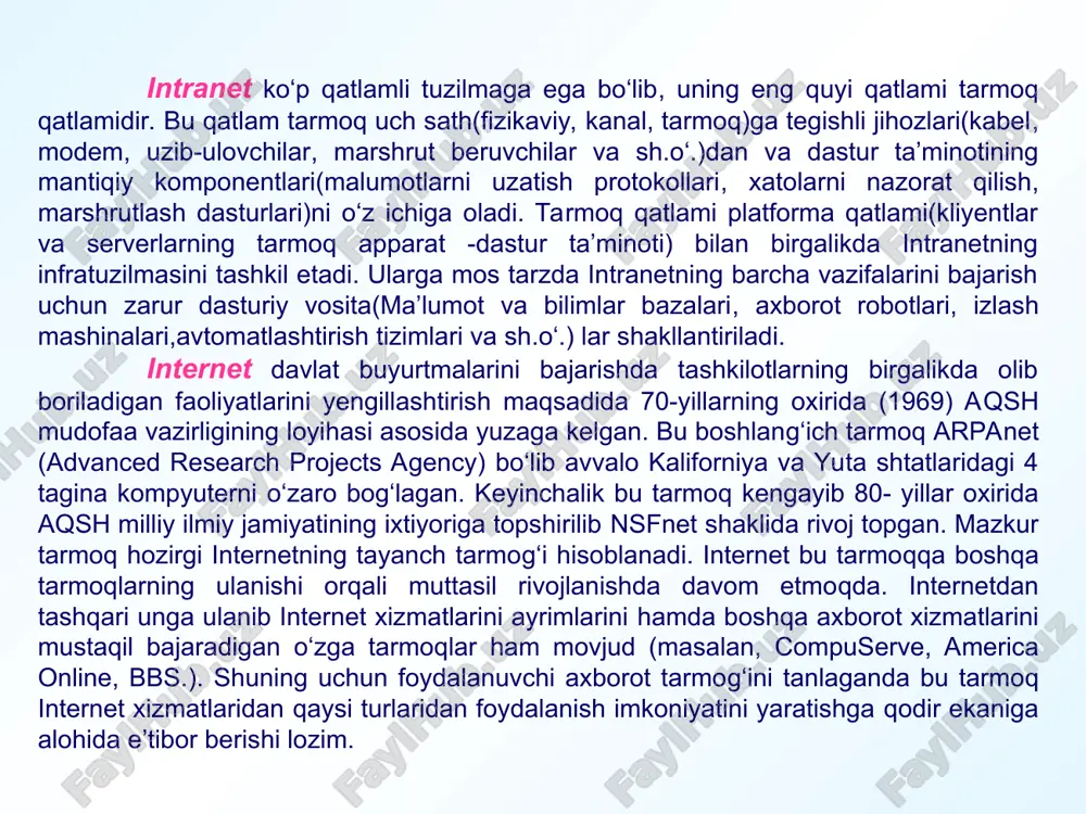 dudi bo‘ylab tarqalgan 10 dan ortiq tuguni kabel orqali o‘zaro birlashtirilgan. unda axborot oqimining tezligi sekundiga 45 megabayt atrofida (1- rasm). 1- rasm aqsh hududi bo‘ylab tarqalgan kabel orqali o‘zaro birlashtirilgan komputerlar boshqa kompyuterlar shu tugunlarga to‘g‘ridan to‘g‘ri ulangan bo‘lib ular ham yuqori tezlikda axborot uzatadilar. ulardan boshqa kompyuterlar keyingilarga ulangan va h.k., foydalanuvchining kompyuterlari (kliyentlar) daraxtsimon tuzilmadagi barglarga o‘xshab ko‘payib boradi, shu tariqa jahon axborot tarmog‘i internet shakllanib, u muttasil taraqqiy etmoqda. tayanch tarmoqqa bevosita yoki bilvosita ulangan boshqa tarmoqlar, internetning asosiy xizmatlarini o‘zida mujassamlashtirgan holda internetning qismlarini tashkil etuvchisi hisoblanadi. agar biror mamlakatdagi biror kompyuter tayanch tarmoqni bog‘lagan kompyuterga ulangan bo‘lsa bu mamlakat internetga ulanganidir. www. jahon web to'ri. nua ( ) ma'lumotiga ko’ra, jahondagi internetdan foydalanuvchilar 2000 yil iyun oyida 332 million kishidan oshdi. internetning rivojlanishi internetga 80- yillarda o’quv muassasalari, davlat agentligi, xalqaro tashkilotlar va tijorat firmalari kiritildi. 90 - yillarda internet juda tez sur’atlar bilan …