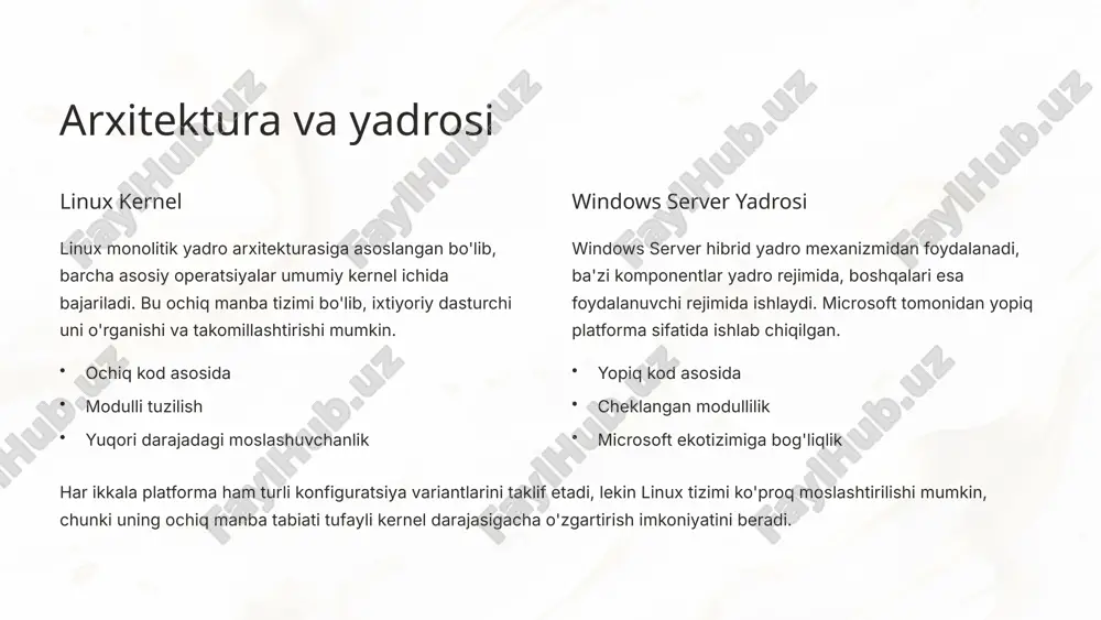 amaradorlikka erishadi. ular ko'proq bir vaqtning o'zida ulanishlarni qo'llab-quvvatlash va yuklamalarda ham barqaror ishlash imkoniyatiga ega. windows server esa odatda ko'proq xotira va protsessor quvvatini talab qiladi, lekin microsoft ekotizimi bilan integratsiyasi orqali, bu platformaga mo'ljallangan ilovalar uchun yaxshi ishlash imkoniyatini ta'minlaydi. 9 swot tahlil linux kuchli tomonlari bepul yoki past narxli, yuqori moslashuvchanlik, xavfsizlikda ustunlik, kam resurs talab qilish. linux zaif tomonlari murakkab o'rganish jarayoni, ba'zi korporativ dasturlar bilan cheklangan moslik, standartlashtirilgan texnik yordamning kamligi. windows kuchli tomonlari keng microsoft dasturlar moslik, active directory integratsiyasi, foydalanuvchiga qulay interfeys, korporativ texnik yordam. windows zaif tomonlari yuqori narx, ko'proq apparat resurslari talab etilishi, viruslar va zararli dasturlar uchun kengroq nishon. har ikkala platformaning ham o'z kuchli va zaif tomonlari mavjud. linux noyob moslashuvchanlik va tejamkorlik taqdim etsa, windows server esa microsoft dasturlari bilan tugʻilgan moslikni va foydalanishga qulaylikni ta'minlaydi. tashkilotlar o'zlarining ehtiyojlariga qarab, ba'zan aralash yondashuvdan foydalangan holda, ikkala platformadan ham …