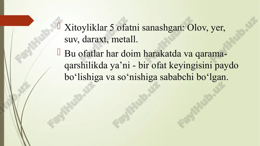 suv, olov, havo va efir (numing manbasi). kasallikning sababi deb nafaqat shu kabi suyuqliklar va birlamchi elementlaming buzilishi, balki iqlimning o‘zga o’zgarishi, parhez va shaxsiy gigiena qoidalarini buzilishi hisoblangan «ayurveda» - davolash san’ati — uzoq-umr ta’limoti bu davlatda juda qadrlangan. «ayurveda»ning tuzilishi eramizdan oldingi ix-iii asrlarga to‘g ‘ri keladi. bu ta’limotning to‘liq chop etilishiga tabib sushruta sababchi. uning kitobi tibbiyot bilimlarining katta ensiklopediyasi hisoblangan, u yerda nafaqat koxinlarga oid tabobat aks ettirilgan, balki rasional tabobat ham bo‘lib, xalqning asrlar davomida erishgan tajribalariga tayangan. ayurvedada 150dan ortiq o ‘tkir va surunkali, miya, yurak, qorin, siydik va jinsiy a’zolar, bo‘g ‘imlar va tananing boshqa a’zolarining kasallik sabablari tasvirlangan. parhez, uqalash va vanna tavsiyalari maslahatlari bilan birga 760 ta dorivor o‘simliklar to‘g ‘risida m a’lumot berilgan. hayvon mahsulotlari qo’llanilgan (sut, yog‘, miya, o ‘t). minerallardan ko‘prok simob ishlatilgan. jarrohlik ayurvedada 120tadan ortiq jarrohlik asboblari tasvirlangan. qadimiy hindiston tabiblari ko‘plab jarrohlik opersiyalarni qilishgan: qon …
