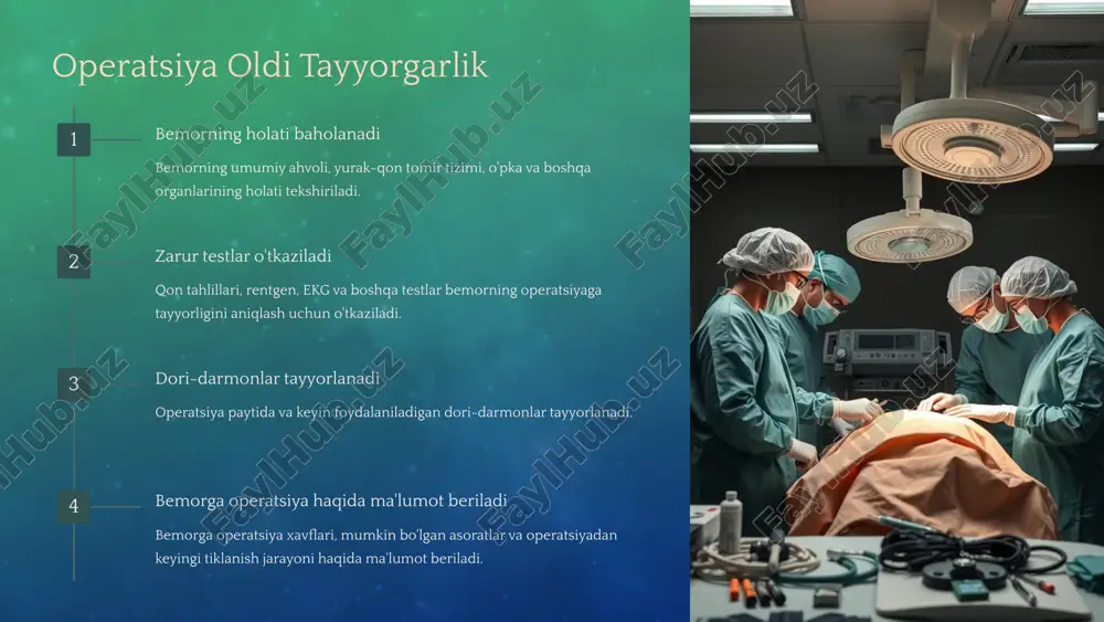 lar. shu tarkibda kasallik tarixini to'ldirish, bemorning sog'lig'i haqida to'liq va aniq tasavvur hosil qiladi va shifokor tomonidan davolash jarayonini samarali boshqarishda yordam beradi. 7 odatiy hayotga qaytish sog'lom turmush tarzi to'g'ri ovqatlanish, muntazam jismoniy mashqlar va stressni boshqarish muhimdir. doktor ko'rsatmalariga rioya qilish shifokor ko'rsatmalariga rioya qilish va muntazam tekshiruvlarga borish kerak. hayotdagi o'zgarishlar operatsiyadan keyin hayot tarzi va faoliyat turmush tarzi o'zgarishi mumkin. qo'llab-quvvatlash oila va do'stlarning qo'llab-quvvatlashi muhimdir. image4.jpeg image5.png image6.png image7.png image8.png image9.png image10.png image11.png image12.png image13.png image14.png image15.png image16.png image17.jpeg image18.jpeg image19.jpeg image20.png image21.png image22.png image23.png image24.png
