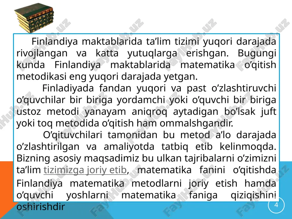 illik o’quv turlariga jalb qilinadi. yaponiyada bu muassasalarning 59,9% xususiydir, 39,8 % tuman kengashlariga qarashli, 0,3% davlatga qarashlidir. 2.majburiy ta’lim (6-15 yosh) 6 yil boshlang’ich maktabda, 3 yil kichik o’rta maktab kursini o’taydi. bu 9 yillik ta’lim majburiy bo’lib barcha bolalar bepul o’qitiladi va tekin darsliklardan foydalanadi, ota-onalar o’z bolalarini xususiy maktabga berish huquqiga ham egalar. xususiy maktablarning o’ziga xos shart sharoitlari va talablari mavjud. . yuqori, o’rta maktab sirtqi, kechki, kunduzgi bo’limlari mavjud. o’qish muddati 3 yil, 95% o’quvchilar kunduzgi maktabda o’qishadi. unda quyidagi yo’nalishlar bo’yicha bilimlar beriladi. 1. umumiy ta’lim fanlari; 5. qishloq xo’jaligi; 2. texnik bilimlar; 6. chorvachillik; 3. tijorat 7. baliqchilik; 4. mahalliy sanoat; 8. kemasozlik va h.k. 15 yaponiyaliklar to’g’ri va halol turmish tarzini qadyrlaydilar. birinchi sinfdan 9-sinfgacha axloq tarbiyasi maktab faoliyatining zaruriy shartidir yaponiyada maktablarda o’qish 1-apreldan boshlanib, kelasi yilning 31-martida nihoyasiga yetadi. maktablar 3 simestrga bo’linadi: -aprel-iyun; -sentyabr-dekabr; -yanvar-mart. 16 17 germaniya ta’lim …