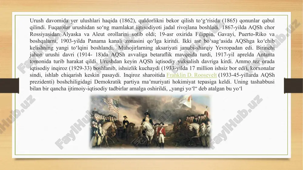 erikaliklari, muhojirlar va tub joy aholisidan iborat. aqsh aholisining 82,8 % ni asli kelib chiqishi yevropaliklar, 12,6 % ni afrikaliklar, 3,6 % ni osiyoliklar, 1 % ni hindular, eskimoslar, aleutlar tashkil etadi. aholining 80 % shaharlarda yashaydi. aqsh amerikaliklari millat sifatida asosan 18-asrning 2-yarmida yevropaning turli mamlakatlaridan kelgan muhojirlarning aralashib ketishi natijasida tarkib topgan. afroamerikaliklar („qoralar“ deb ata-luvchi negrlar) aqsh amerikaliklarining irqiy-etnografik guruhi boʻlib, ular 17-19-asrlarda mamlakatga keltirilgan afrikalik qullarning avlodlaridir. afroamerikaliklar koʻp asrlar davomida ayirmachilik va kamsituvga duchor qilinishiga qaramay, afrikaliklarning oq tanlilar bilan jismoniy aralashuvi sodir boʻldi. duragaylar afroamerikaliklar umumiy sonining anchagina qismini tashkil etadi. aqshda meksikanlar, italyanlar, nemislar, fransuzlar, shvedlar, norveglar, gollandlar, yaponlar, polyaklar, xitoylar va boshqaxalqlar ham yashaydi. aqshda 5 mingga yaqin oʻzbek istiqomat qiladi. ular asosan nyuyork, vashington, nyu-jersi shtatlarida, filadelfiya shahrida hamda mamlakatning boshqa shtat va shaharlarida yashaydi. ular turli kasb hamda tijorat ishlari bilan shugʻullanadilar. hozirgi amerikalik oʻzbeklarning ota-bobolari 1917-yilgi oktabr toʻntarishidan keyin …