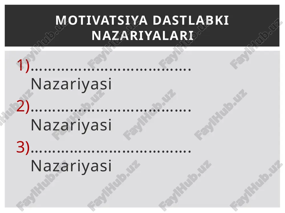 , sabab, ehtiyoj namoyon bo’ladi: hukmronlikka bo’lgan ehtiyoj (need for power) ; ishtirok etishga bo’lgan ehtiyoj (need for affiliation) ; omadga bo’lgan ehtiyoj (need for achievement) ; “uch ehtiyojlar” nazariyasi maqsadni anilash nazariyasi (goal-setting theory). ushbu nazariyaga ko’ra aniq maqsadlardan foydalanish mehnat intensivligi darajasini oshirishga olib keladi, murakkab vazifalar (maqsadlar) yuqoriroq natijalarga olib keladi. maqsadni anilash nazariyasi maqsadni anilash nazariyasiga qarama-qarshi bo’lgan nazariya – bu mustahkamlash nazariyasidir (reinforcement theory) unga ko’ra xulq uning natijalari bilan aniqlanadi. mustahkamlash nazariyasi ichki omillar: -o`z-o`zini mukammallashtirish; - javobgarlik - yutuqlar - tan olinish - ishga berilib ishlash tashqi omillar: -mukofotlash; -jazolash. ishdan qoniqish ijro sifati image2.png image3.png image4.png /docprops/thumbnail.jpeg