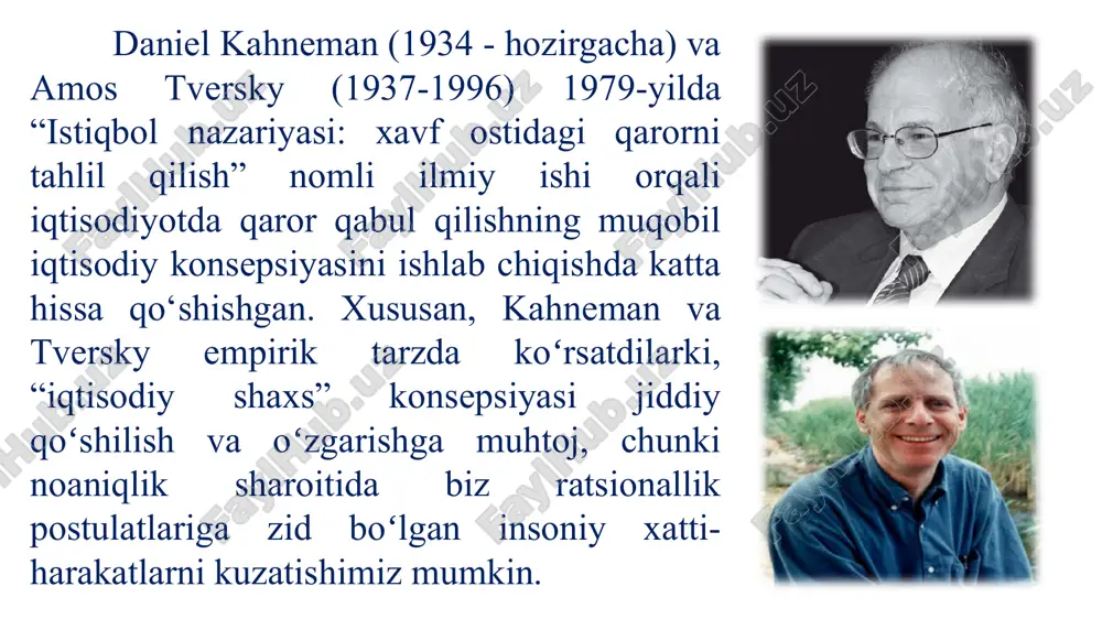 um bir tizimda sintez qilinadigan oʻzgaruvchilar oʻrtasidagi koʻplab yopiq aloqalarning oʻzaro taʼsiri jarayoni sifatida tasvirlash muhim edi. baʼzi neyronlar boshqalarni faollashtiradi, shundan soʻng miya yarim korteksining baʼzi joylari harakatga keladi, maʼlum hislar va his-tuygʻular kuchayadi, xuddi shunday holat millionlab boshqa neyronlar bilan sodir boʻladi va oxir-oqibat bu taʼsirlarning barchasi bitta qaror yoki harakatga aylanadi. 3. istiqbollar va tanqid nazariyasi. d.kahneman va a.tversky o‘zlarining nazariyasida evristika va individual hukmlarning o‘zgarishlarini oʻrganish boʻyicha fundamental va uzoq muddatli loyihani amalga oshirdilar, iqtisodiy nazariyada qabul qilingan meʼyoriy standartga nisbatan xatti-harakatlarini kuzatishdi. psixologik tadqiqotlar natijasida toʻplangan boy tajribali material, asoslari - homo ekonomus (inson faoliyati iqtisodiyoti) modelidan kelib chiqqan holda, oʻrnatilgan uslublar va taʼlimotlarni qayta koʻrib chiqishga asos boʻldi. darhaqiqat, qarorlarni muntazam qabul qilishga moyil boʻlgan odamlarning koʻpchiligi oqilona emas, balki intuitiv mulohazalar bilan boshqariladi, buni d.kahneman va uning hamkasbi xulq-atvor evristikasi deb atagan. istiqbol nazariyasining ikkita ustuni mavjud bo‘lib, bu qiymat funksiyasi va qaror …