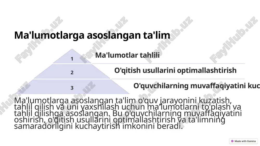 va qiyinchiliklarini aniqlashga imkon beradi va shu asosda individual o'quv rejalari tuziladi. 12 raqamli ta'lim resurslari onlayn platformalar onlayn platformalar o'quvchilarga turli xil o'quv materiallari, videolar, o'yinlar va interaktiv mashqlarga kirish imkoniyatini beradi. bu platformalar o'qituvchilarga o'quv jarayonini boshqarish va o'quvchilarning progressini kuzatishda yordam beradi. virtual haqiqat (vr) vr texnologiyasi o'quvchilarni boshqa dunyoga olib boradi va tarixiy voqealarni jonli boshdan kechirish, ilmiy tajribalarni o'tkazish yoki tibbiy operatsiyalarni simulyatsiya qilish imkoniyatini beradi. kengaytirilgan haqiqat (ar) ar texnologiyasi o'quvchilarga haqiqiy dunyoni raqamli kontent bilan birlashtirish imkoniyatini beradi. masalan, o'quvchilar ar dasturlar yordamida o'z xonasida hayvonlarni kuzatish, o'simliklar haqida ma'lumot olish yoki tarixiy obidalarni virtual ravishda ko'rish mumkin. 13 o'quvchilarning faolligi hamkorlik o'quvchilarning faol ishtiroki ularni o'quv jarayoniga jalb qiladi, muloqot ko'nikmalarini rivojlantiradi, guruhda ishlash qobiliyatini oshiradi va muammolarni birgalikda hal qilishga o'rgatishga yordam beradi. loyihalar loyiha ishlari o'quvchilarga nazariy bilimlarni amalda qo'llash, muammolarni hal qilish va ijodkorlikni namoyish etish imkoniyatini beradi. loyihalar …