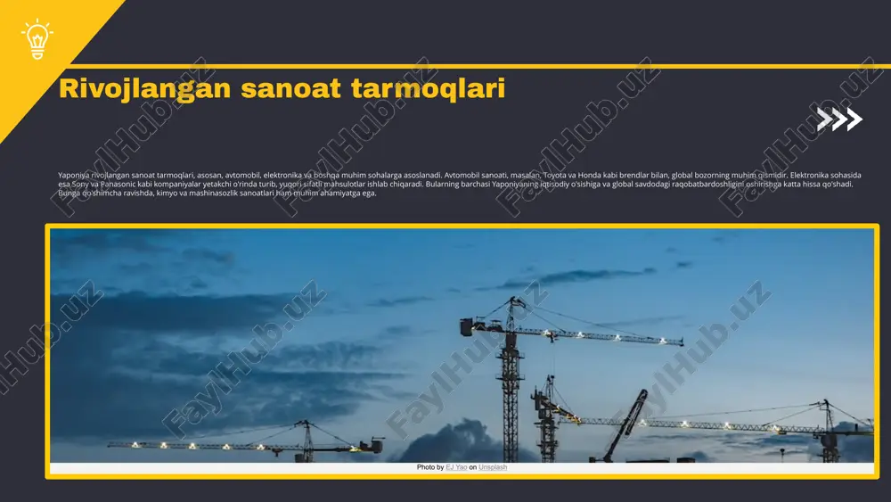 itlari yaponiyaning sanoat tarmoqlarida muhim rol o'ynaydi. raqobatchilarning ko'payishi, narxlarning pasayishi va iste'molchilarning o'zgarishi sanoatning rivojlanishiga ta'sir qiladi. iqtisodiy inqirozlar esa tarmoqlarda keng ko'lamli muammolarni keltirib chiqaradi: ishlab chiqarish quvvatlarining pasayishi va moliyaviy qiyinchiliklar. ushbu qiyinchiliklarni bartaraf etish uchun innovatsion yondashuvlar va strategiyalar ishlab chiqish muhim ahamiyatga ega. asosiy sanoat tarmoqlaridagi muammolar quyidagilardan iborat: global raqobatning kuchayishi, ichki talabning o'zgarishi, resurslar yetishmovchiligi va iqtisodiy inqirozlar. ushbu qiyinchiliklar ishlab chiqarishni kamaytirishi va ish o'rinlarini yo'qotishga olib kelishi mumkin. raqobatbardosh strategiyalarni ishlab chiqish esa muhimdir: innovatsiyalarni joriy etish, samaradorlikni oshirish va yangi bozorlarni o'zlashtirish orqali tarmoqlarning raqobatbardoshligini kuchaytirish zarur. asosiy sanoat tarmoqlarining qiyinchiliklari raqobatbardosh strategiyalarni ishlab chiqish yaponiya asosiy sanoat tarmoqlarining kelajagi yaponiyaning sanoati kelajakda innovatsiyalar orqali rivojlanish istiqbollariga ega. sun'iy intellekt, avtomatlashtirish va iot kabi yangi texnologiyalar ishlab chiqarish jarayonlarini yaxshilashda muhim rol o'ynaydi. bu texnologiyalar yaponiyaning asosiy sanoat tarmoqlariga raqobatbardosh ustunliklar yaratadi. biroq, global raqobat va ekologik tahdidlar kabi xavf-xatarlar …