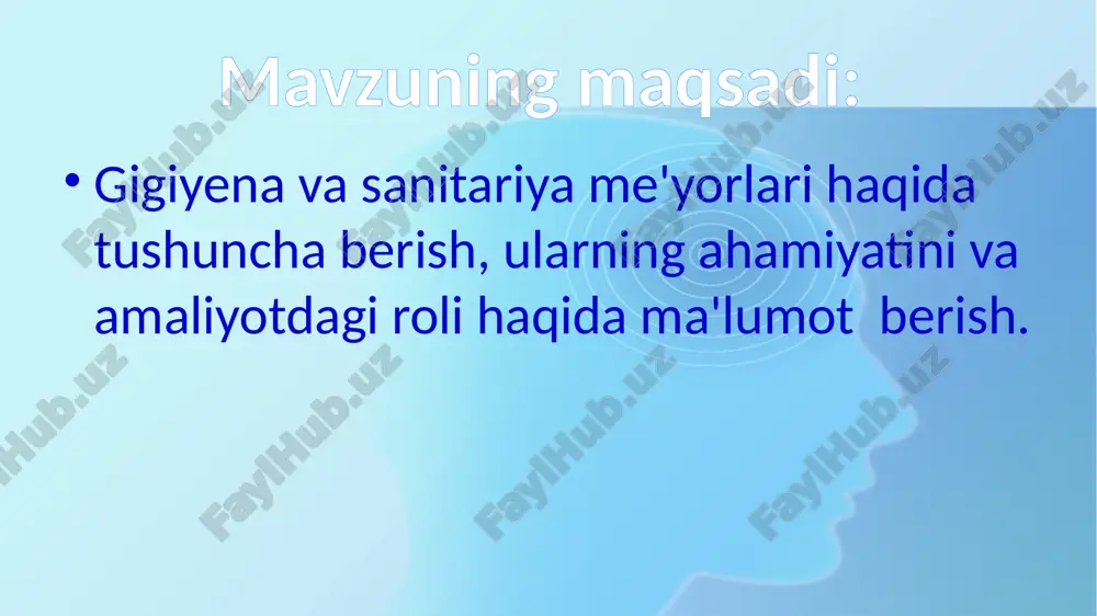 illariga avtomatik tarzda amal qilishi kerak: yuzini yuvish, ertalab va kechqurun tishlarini yuvish, yuvish, kiyim va poyabzallarini toza saqlash. biroq, shaxsiy gigiena mavjudligini bilishingiz kerak. nima? bu sog'lig'ingizni mustahkamlash va saqlash uchun amal qilish kerak bo'lgan tamoyillar. gigiyenik me’yor va reglamentlarni o‘rnatish tartibi muayyan misollarda ko‘rib chiqilishi kerak. yashash xonalarining mikroiqlimi yoki uning yoritilishiga doir gigiyenik me’yorlar tabiiy tekshirishlar asosida ishlab chiqilishi va tekshirish jarayonida tekshirilayotgan omilning turli sharoitlarda odam organizmining funksional holatiga ta’siri baholanishi kerak. masalan, (mikroiqlim uchun - issiqlikni boshqarilish, yurak-tomir sistemasi, nafas olish organlari funksiyasi, yoritilganlik uchun - ko‘rish organi va mns ). bunda tekshirilayotgan omilning shunday parametrlari gigiyenik me’yor qilib olinishi kerak-ki, u organizmning optimal funksional holatini ta’minlasin aholining eng optimal suv iste’moli me’yorlarini o‘rnatish uchun aholining ko‘pchilik qismidan anketa-so‘rovlar o‘tkazilib, keyinchalik turar joylarning kommunal obodonlashtirilganligiga bog‘liq holda suv sarfi qiymatlari hisoblab topiladi. ayrim omillarni me’yorlashtirishda tabaqalashgan me’yorlashtirish prinsipi qo‘llanadi va bunda omilning yuqori, optimal va …