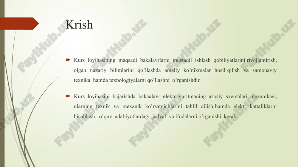 n xizmat qiladi. bundan tashqari uq mexanizm tomonidan dvigatelga tushadigan yuklamani 1 barobarga kamaytiradi. uzatish qurilmasi sifatida i,ii va iii pog’onali tsilindrik reduktor qo’llaniladi. reduktor tanlashda ikkita qarama-qarshi holatni hisobga olish zarur: 1. uqni gabaritlarini kamaytirish uchun uning uzatish soni kichik bo’lishi kerak,1 > 1 2. dvigatelga tushadigan mexanik yuklamalarni kamaytirish uchun uq ni uzatish soni katta bo’lishi kerak.shuning uchun uzatish sonini optimal qiymati aniqlanadi: io = + + =5.27 bu erda, - ekvivalent static moment; - dvigatelni nominal moment;=172 nm jm - mexanizmni inertsiya moment;jd - dvigatelni inertsiya moment jd = gd2/4=0.43k - uqni inertsiya momentini hisobga oluvchi koeffitsient, k = 2optimal uzatish soni io va ƞrbo’yicha reduktor tanlanadi. dvigatelning nominal fik aniqlanadi: ηh =ph103 / uhih=18*103 / 95*220=0. dvigatel yakorining qarshiligi topiladi: rya = 0,5 (1 - ηh) (uh/ih) =0,5 (1 – 0.86) (220/95)=0.162 [ om ] salt ishlash burchak tezligi hisoblanadi: ω0 = ωhu / (u-ihrya) = …