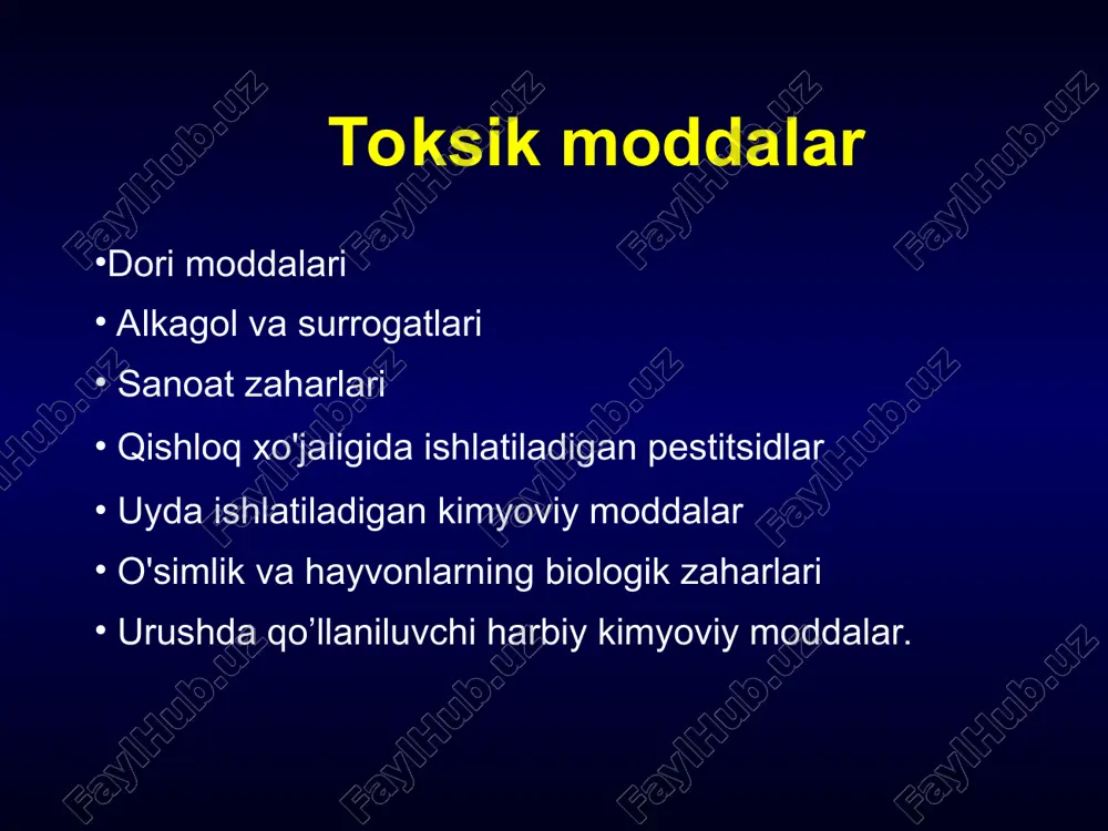 ukozaning gipertonik eritmasini (10—20 %li) insulin bilan birga quyish; • siydik chiqishini jadallashtirish; • gipersalivatsiya va bronxoreyaning oldini olish maqsadida 0,1% li 1 ml atropin sulfat tomir ichiga yuboriladi; • vitaminoterapiya; * qustiruvchi vositalar — apomorfm teri ostiga yuboriladi. hushsiz, oriq va juda past qon bosimli bemorlarda apomorfin ishlatilmaydi. • ularda atsidoz rivojlanadi, shu sababli tomir ichiga 4 % li natriy gidrokarbonat eritmasi quyiladi yoki 2—7 g zond orqali suyultirilib yuboriladi; • bemor isitiladi; • bemorda qo'zg'alish kuzatilsa, barbituratlar va morfm kabi dori vositalari qo'llanilmaydi, chunki nafas markazini tormozlashi mumkin. bu droperidol va xloralgidrat qo'llaniladi; * qo’shimcha bemor ahvoliga qarab simptomatik davo choralari qo’llanilishi mumkin. barbituratlardan zahalanganda shty